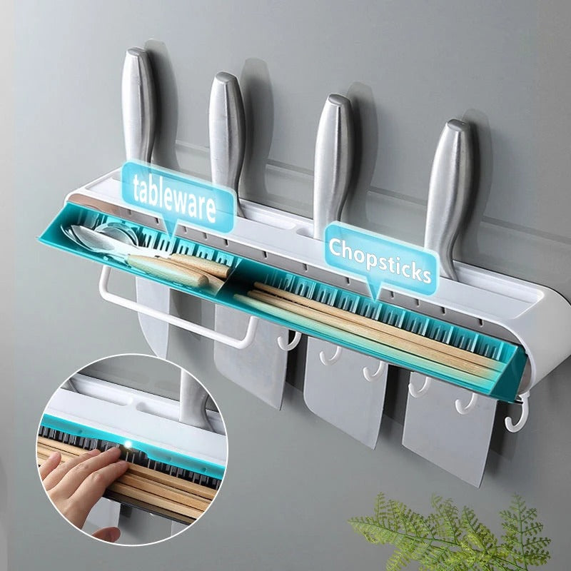 Wall-Mounted Knife Rack with Integrated Storage for Kitchen Organizer