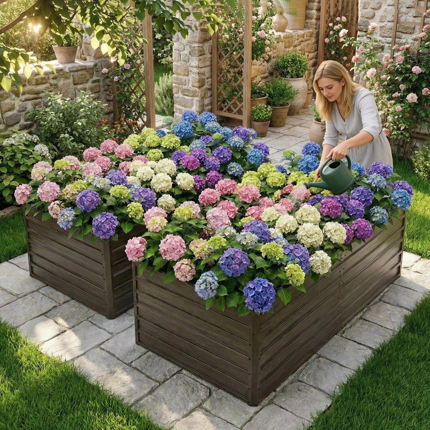8x4x2 FT Galvanized Raised Garden Bed Set - Walnut Finish