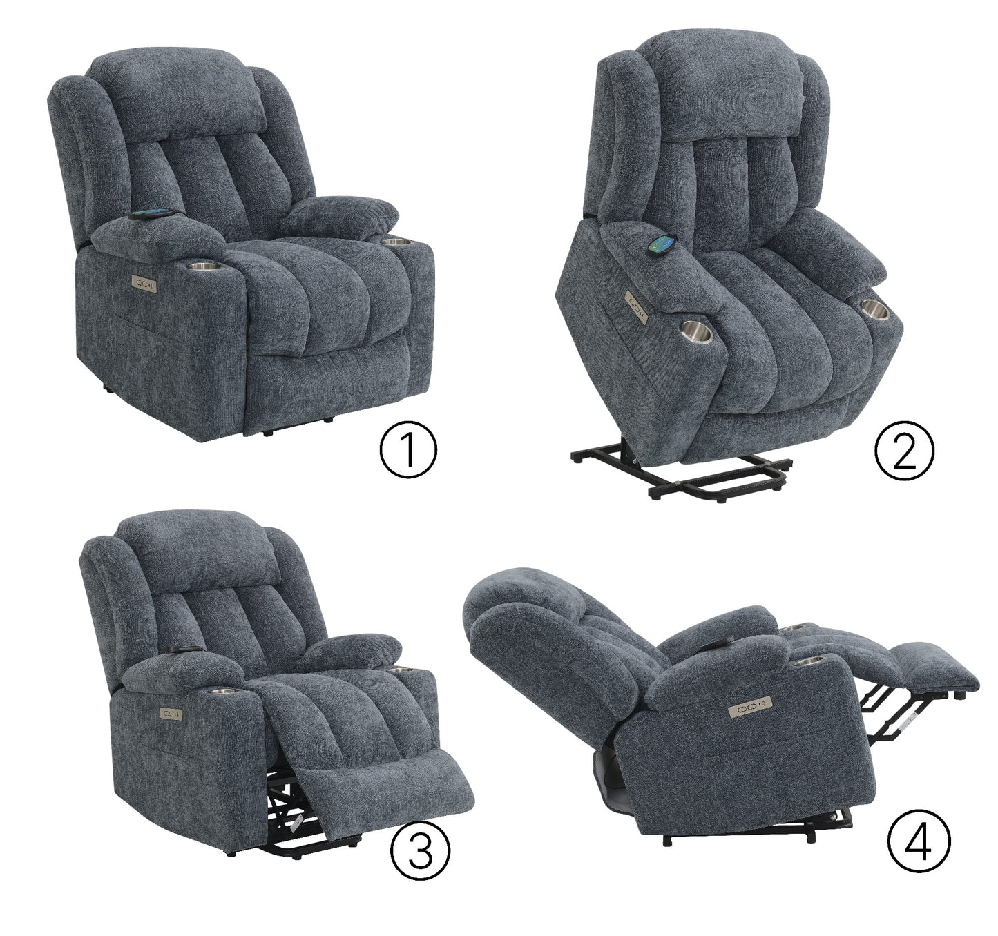 Blue Chenille Power Motion Recliner with Lift, Heating & Massage