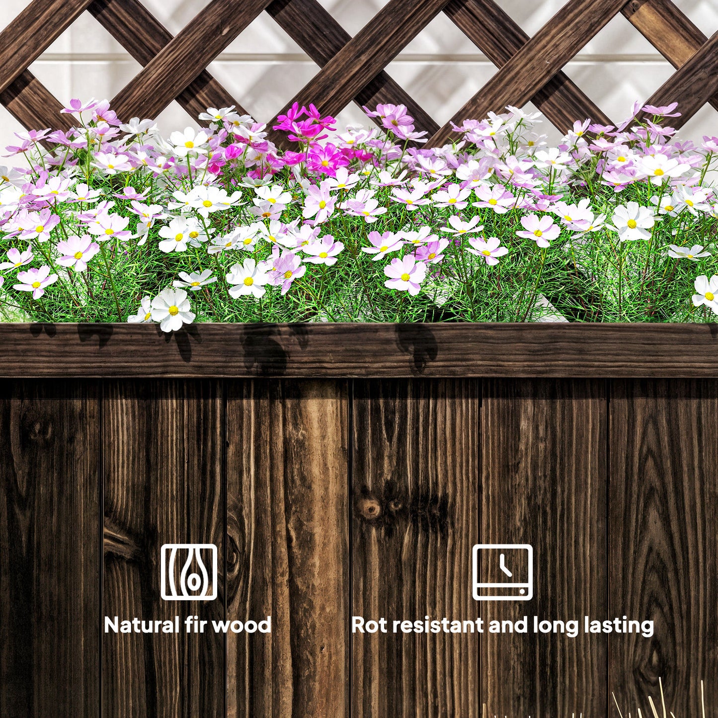 Wooden Raised Garden Bed Planter Box with Trellis and Drain Holes - Brown, 820x820x85 mm