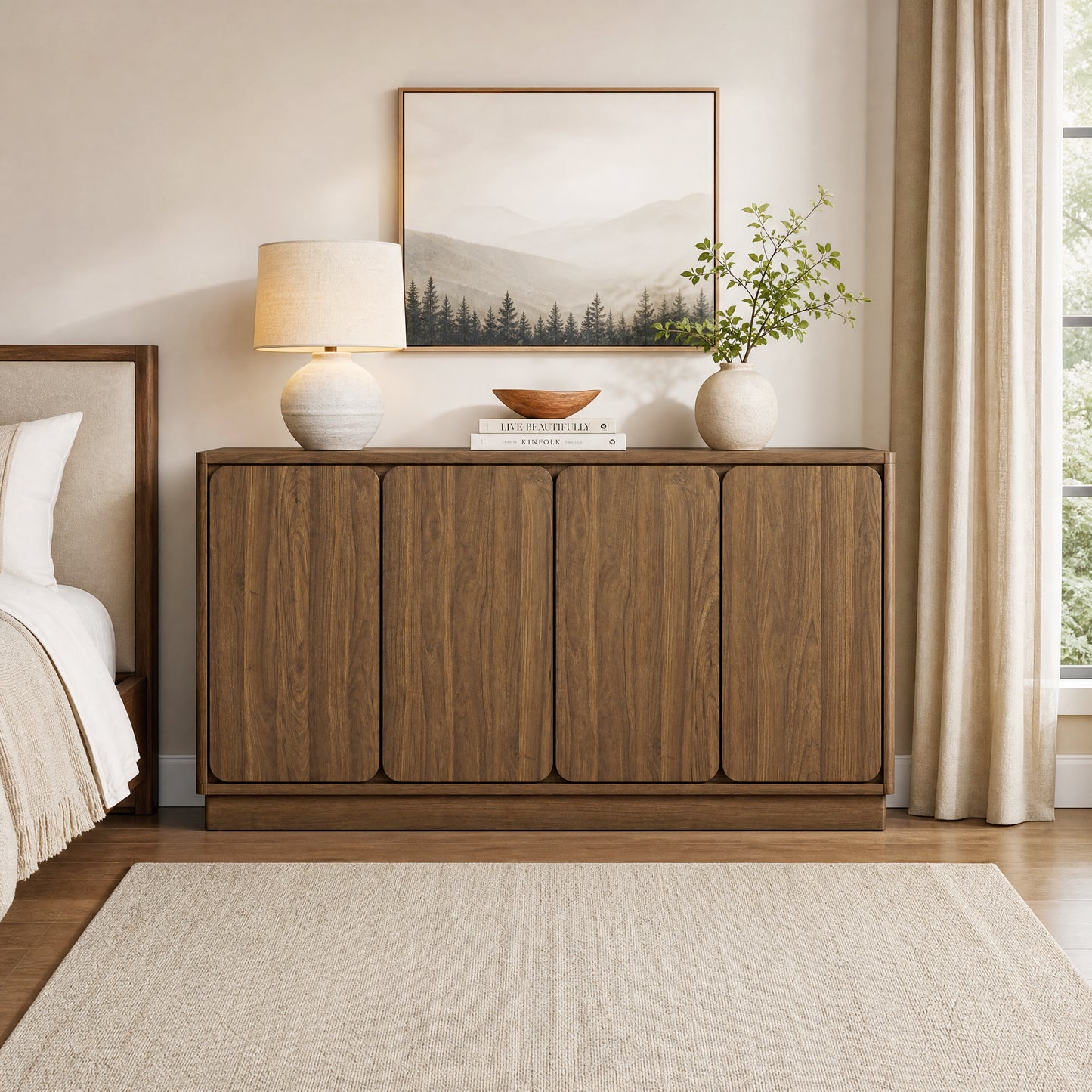 59.1" Walnut 4-Door Sideboard Buffet Cabinet with Adjustable Shelves