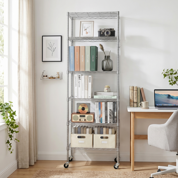 6-Tier Adjustable Iron Display Rack with Hooks & Wheels