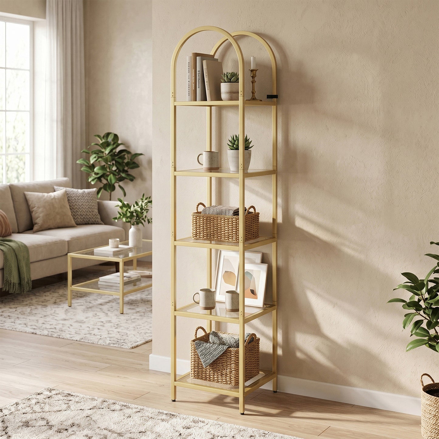 Gold 5-Tier Open Bookshelf - Modern Metal & Tempered Glass