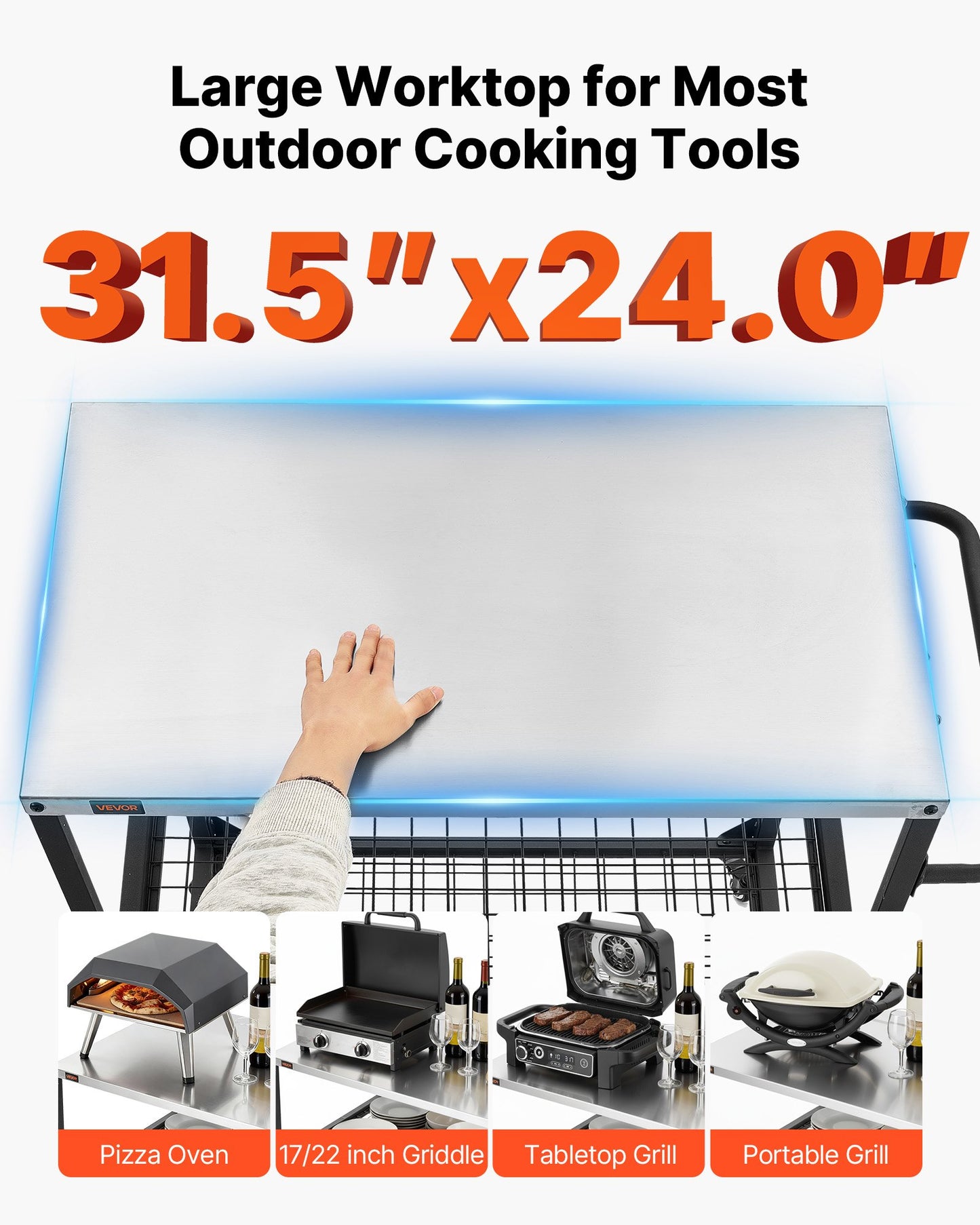 Outdoor Grill Cart with Stainless Steel Surface and 4 Wheels - Garden BBQ Prep Table