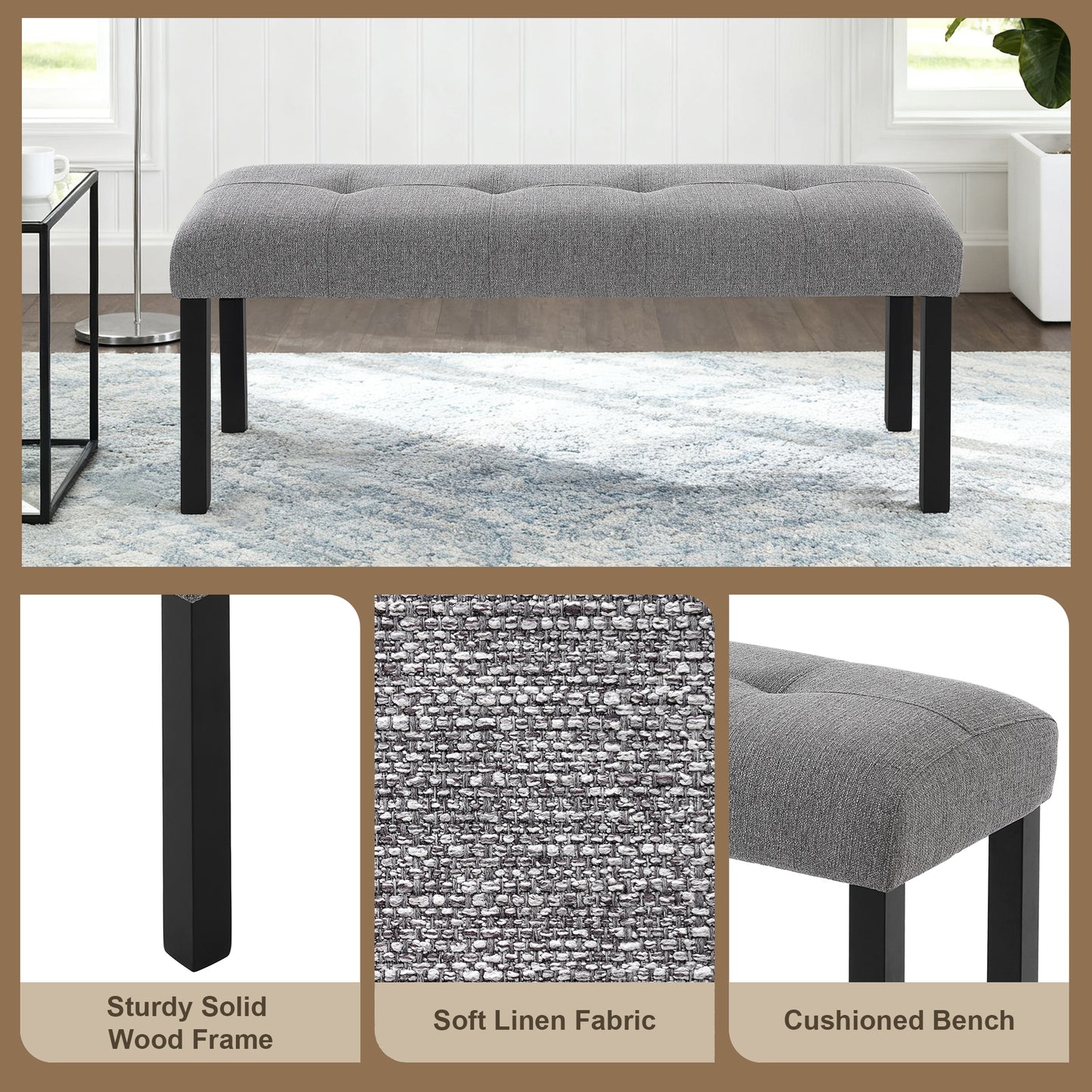 Modern Tufted Linen Dining Bench, Farmhouse Upholstered Entryway