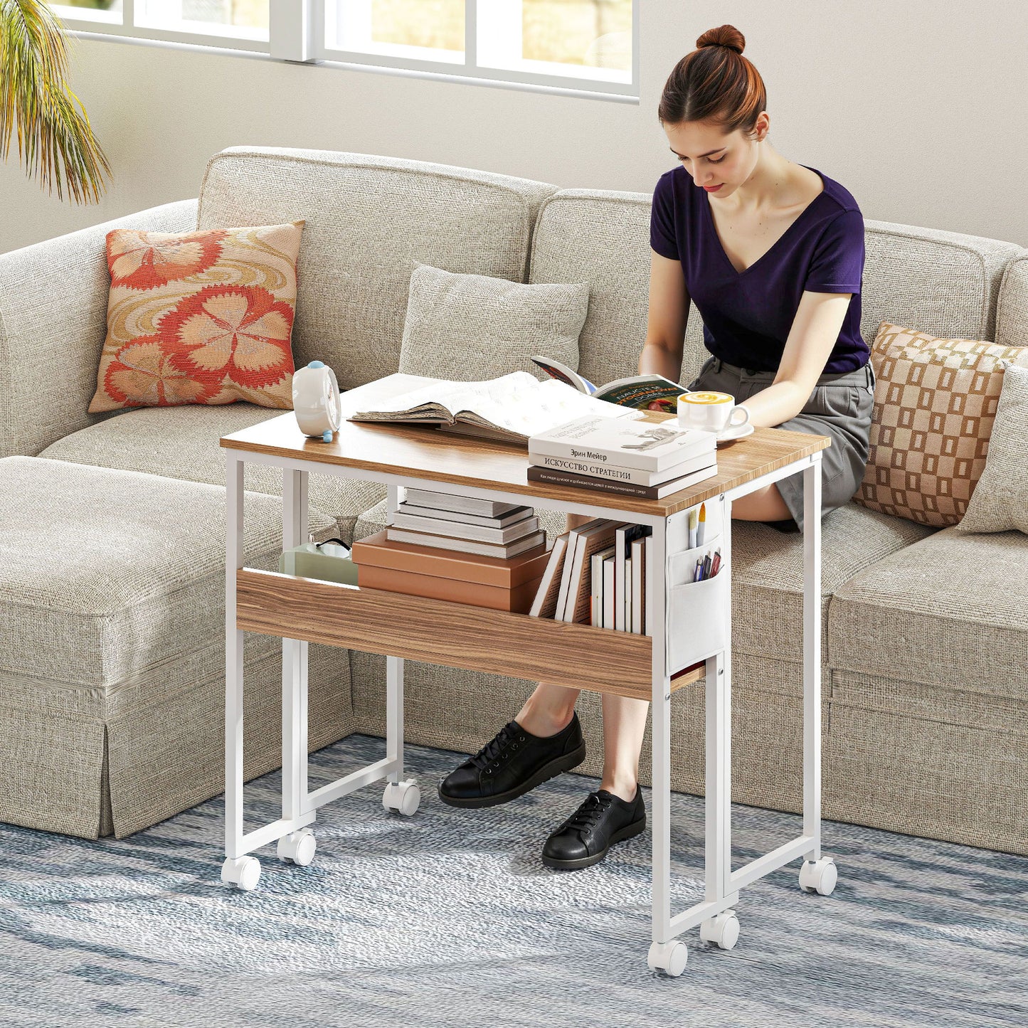 Foldable Computer Desk with Storage and Wheels - Natural Wood