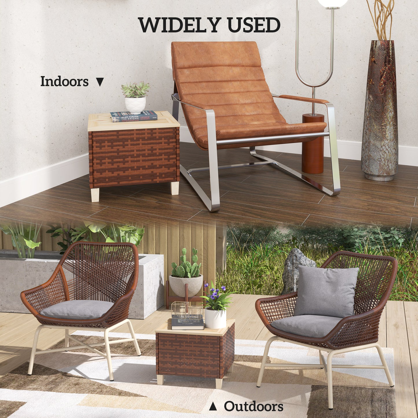 Outdoor Side Table with PE Rattan & Natural Fir Wood Top - Brown