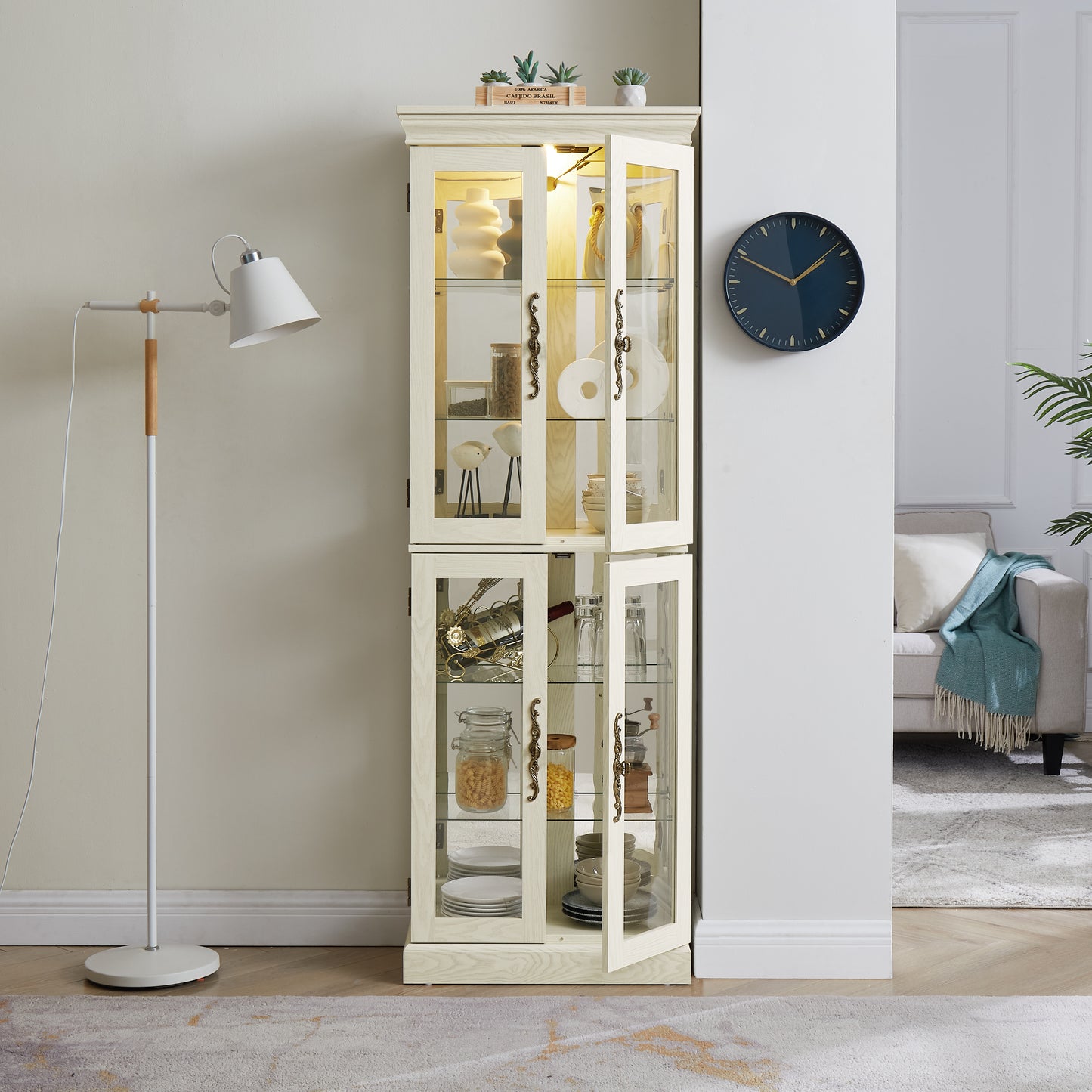 Lighted Glass Curio Display Cabinet - Antique White