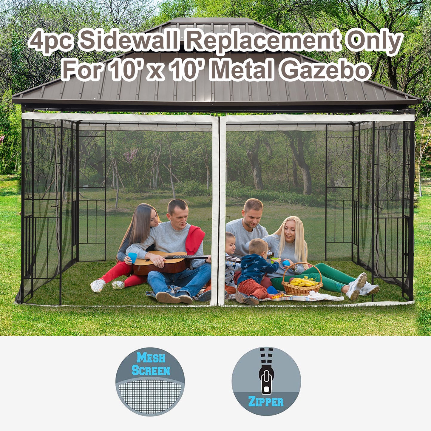 10x10 Canopy Tent with Netting - Black, Washable Sidewall