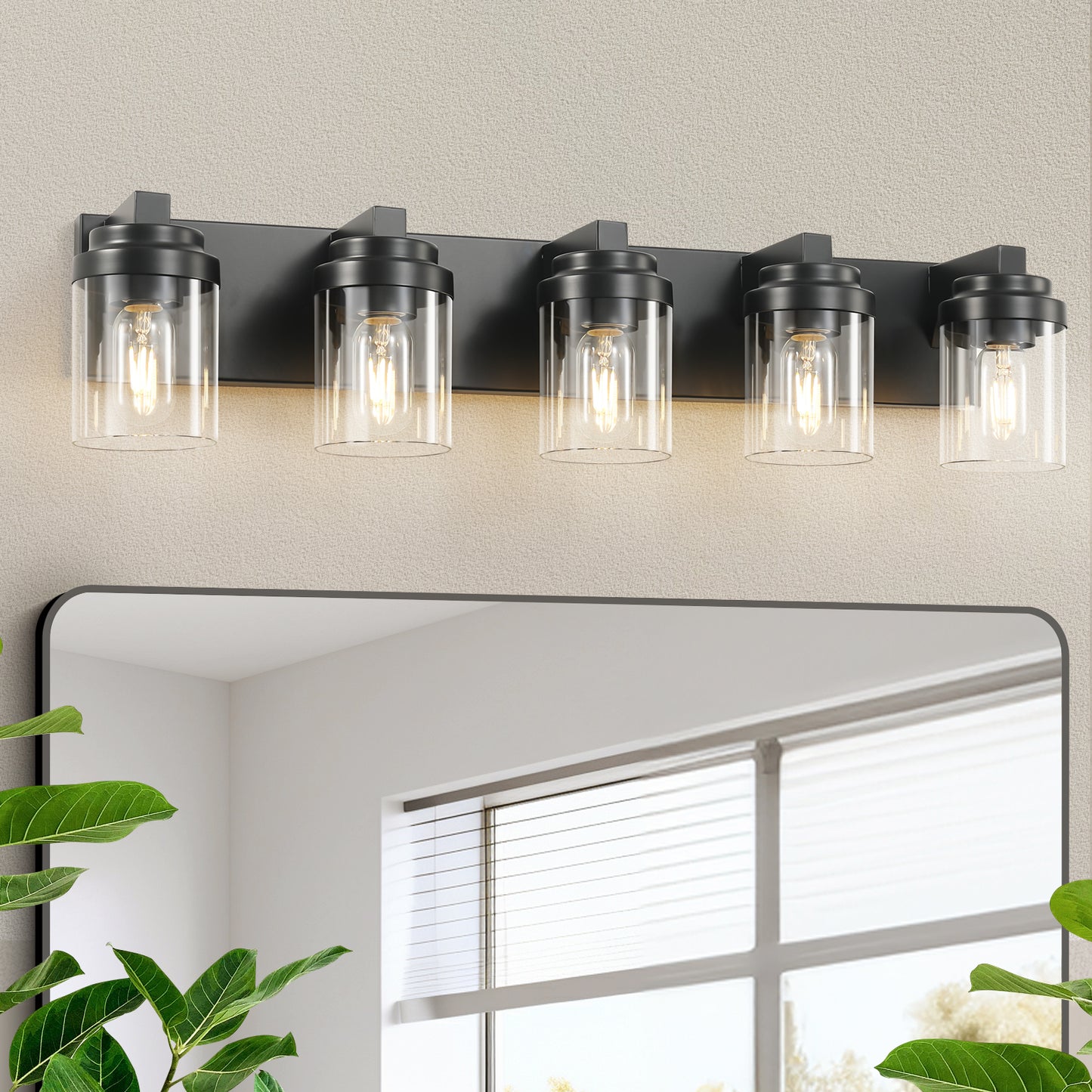 5-Light Bathroom Vanity Light Fixture - Matte Black with Glass Shades