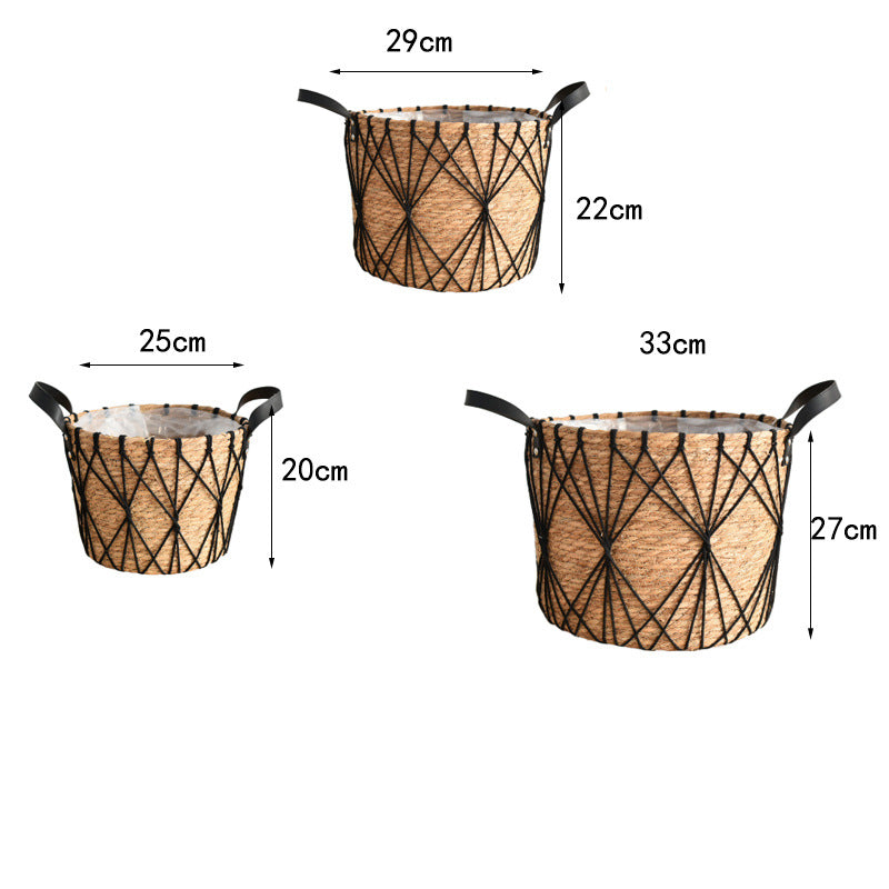 Floor-standing Flower Basket with Woven Straw Design - Garden & Home Decor