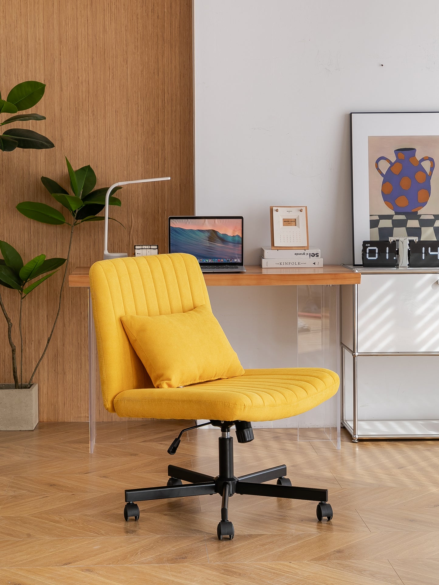 Yellow Linen Criss Cross Office Chair with Wheels - Ergonomic Design