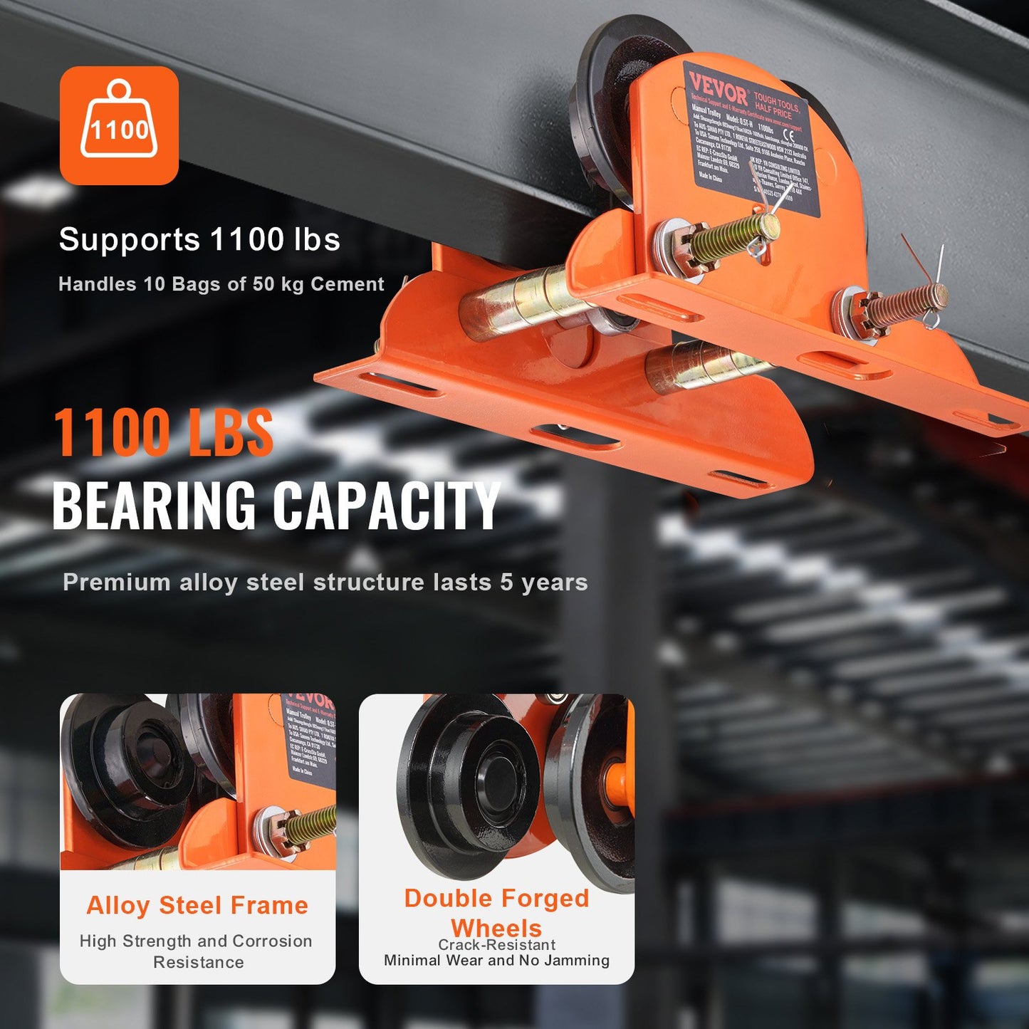 Electric Hoist Manual Trolley with Adjustable Width 1100 Lb Capacity for I-Beam Lifting