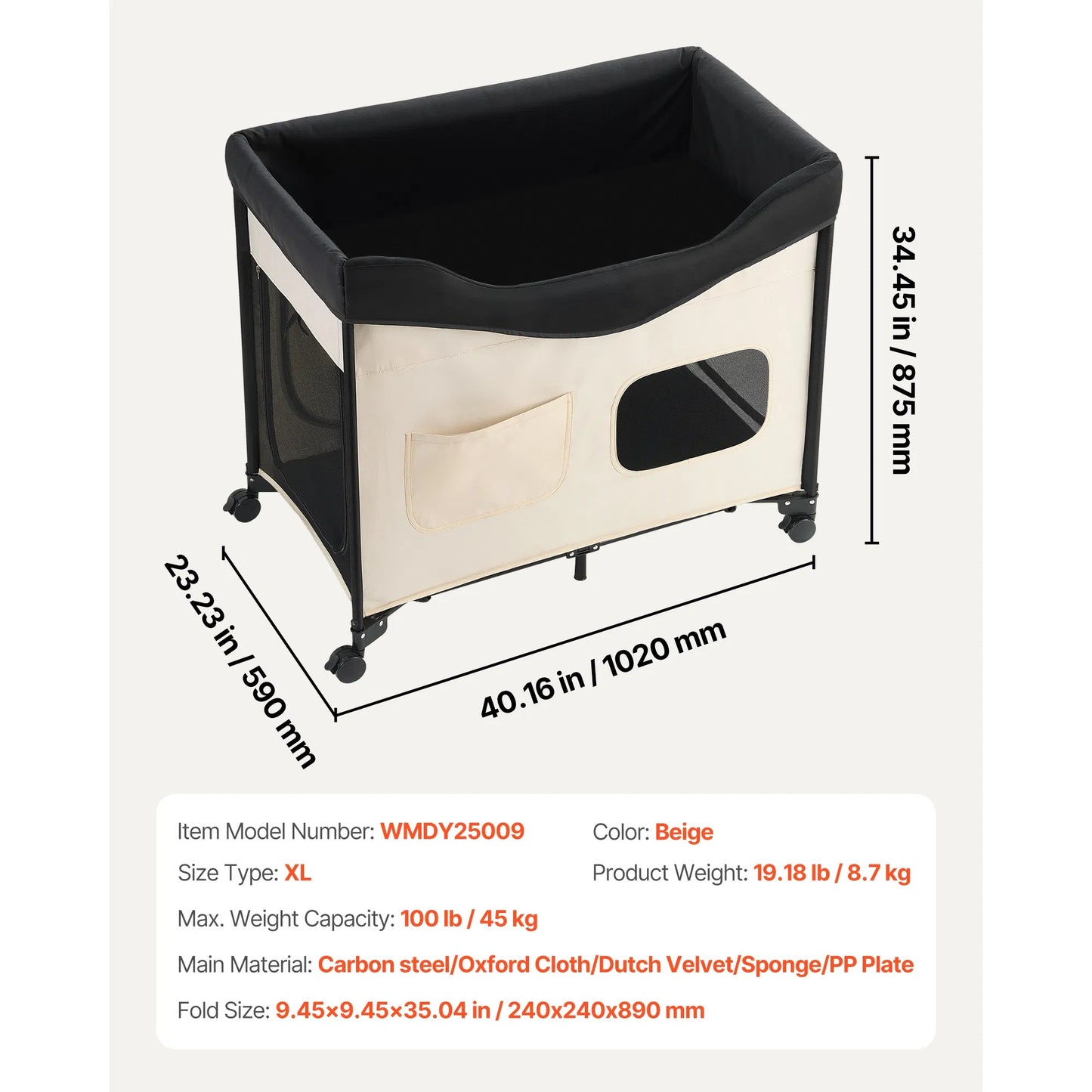 Elevated Foldable Dog Bed XL with Wheels & Storage - Large Pet Cot for Indoor & Outdoor Use