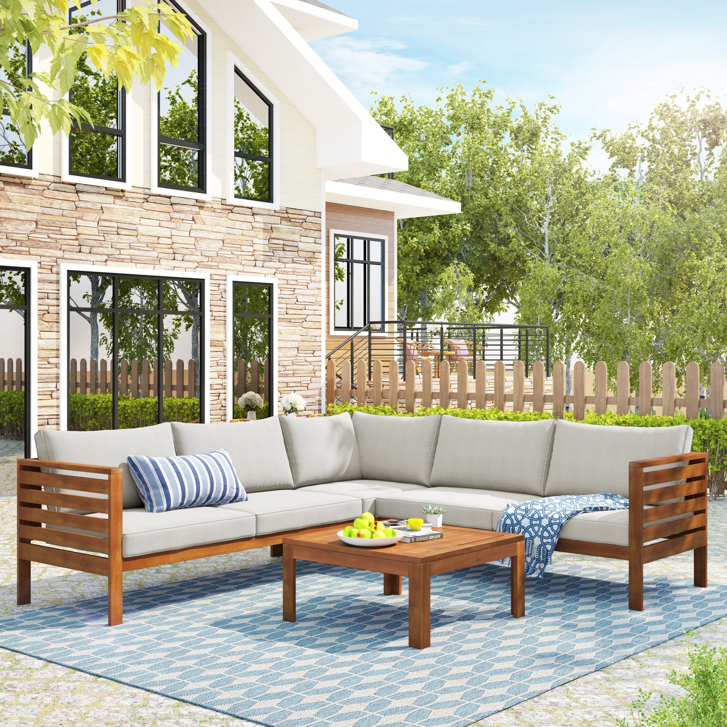 Wood Structure Outdoor Sofa Set With Beige Cushions Exotic Design