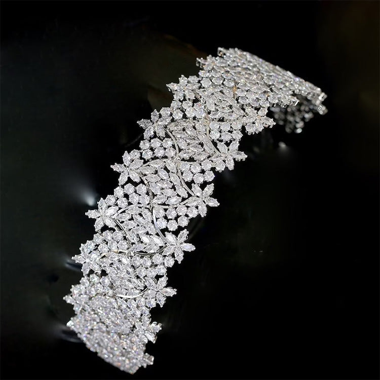Zircon Flower Bridal Crown Headband - Silver