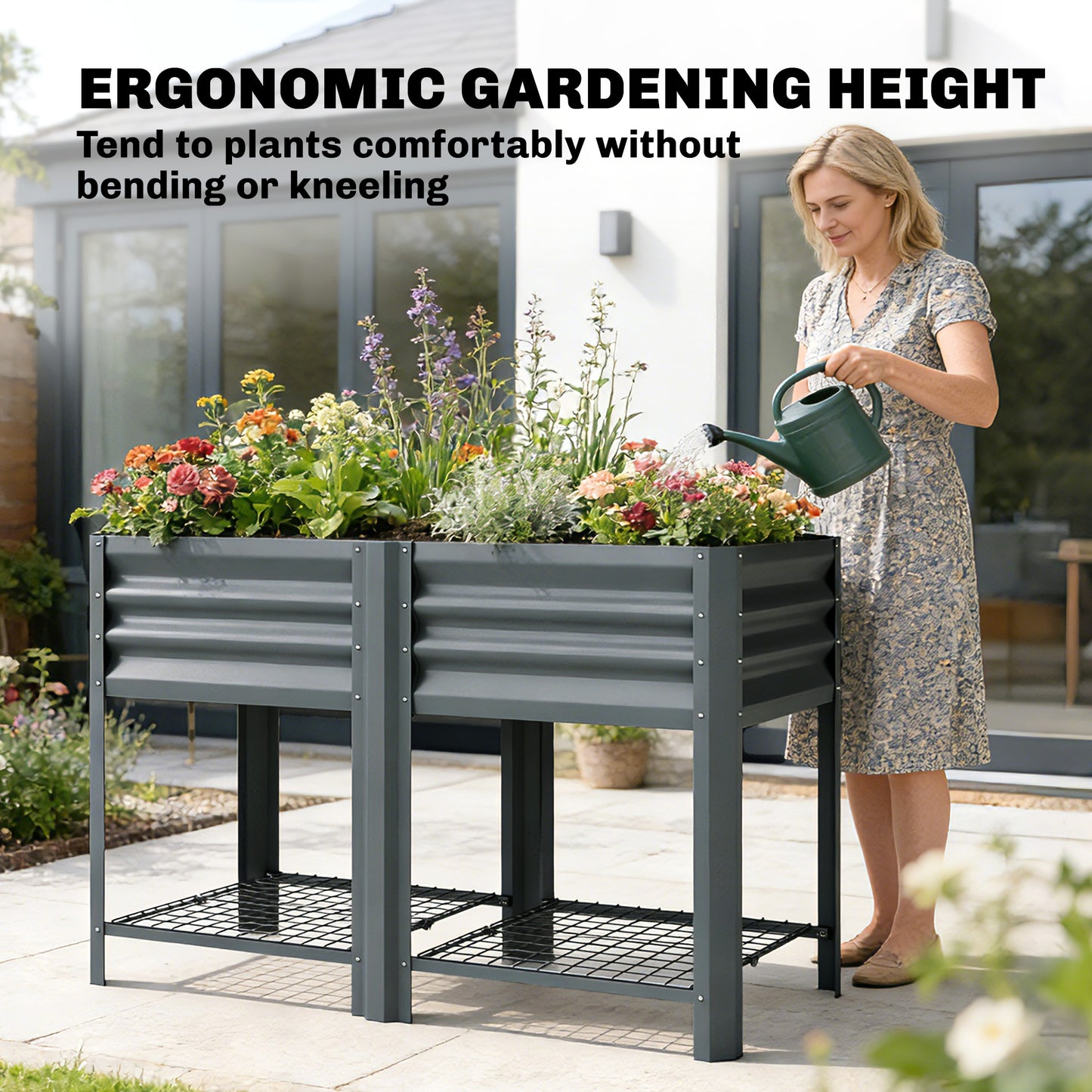 Galvanized Steel Raised Garden Bed with Storage Shelf - 31.5 Inch Dark Gray