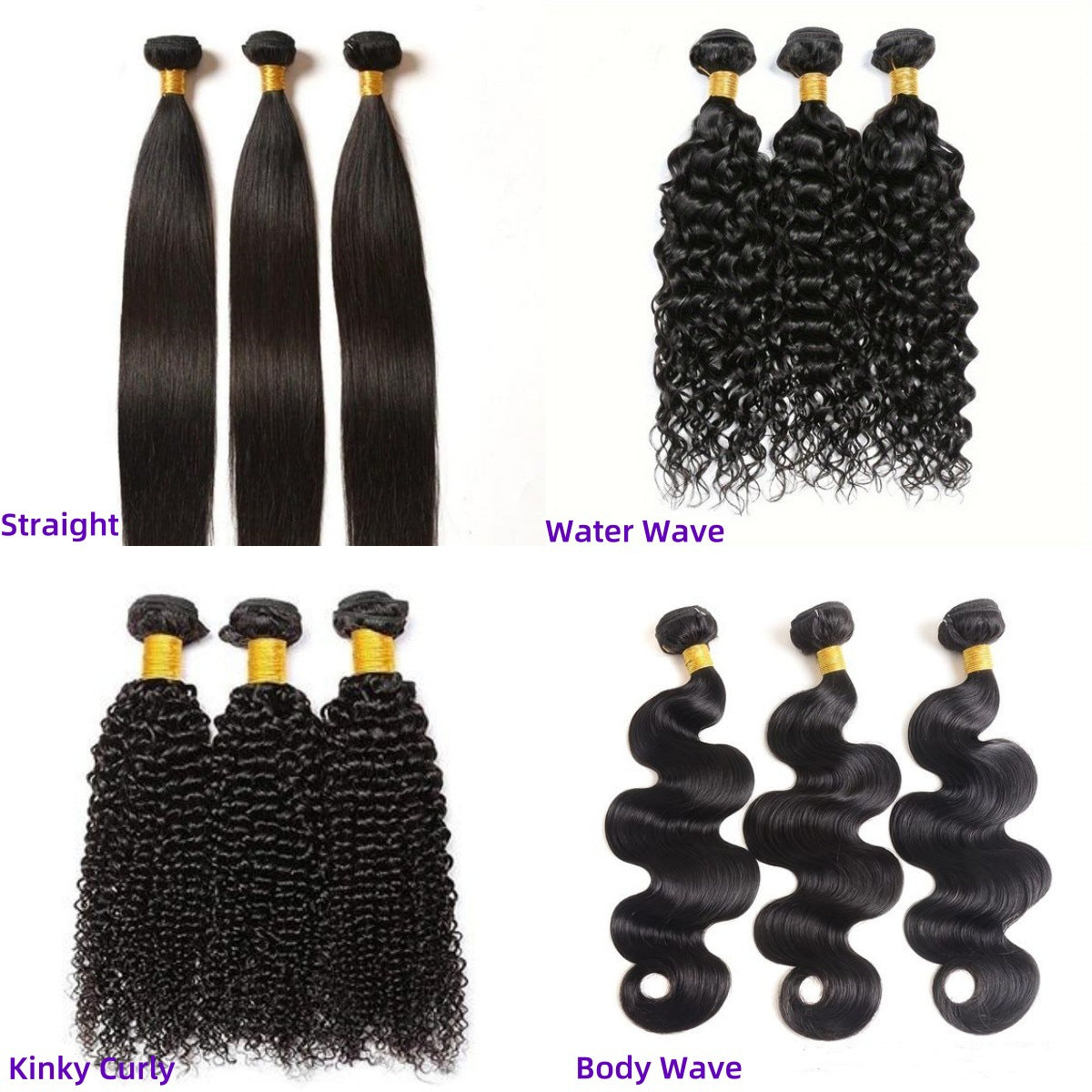 Human Hair Extension Bundles - Natural, Body Wave, Kinky Curly & Water Wave Styles