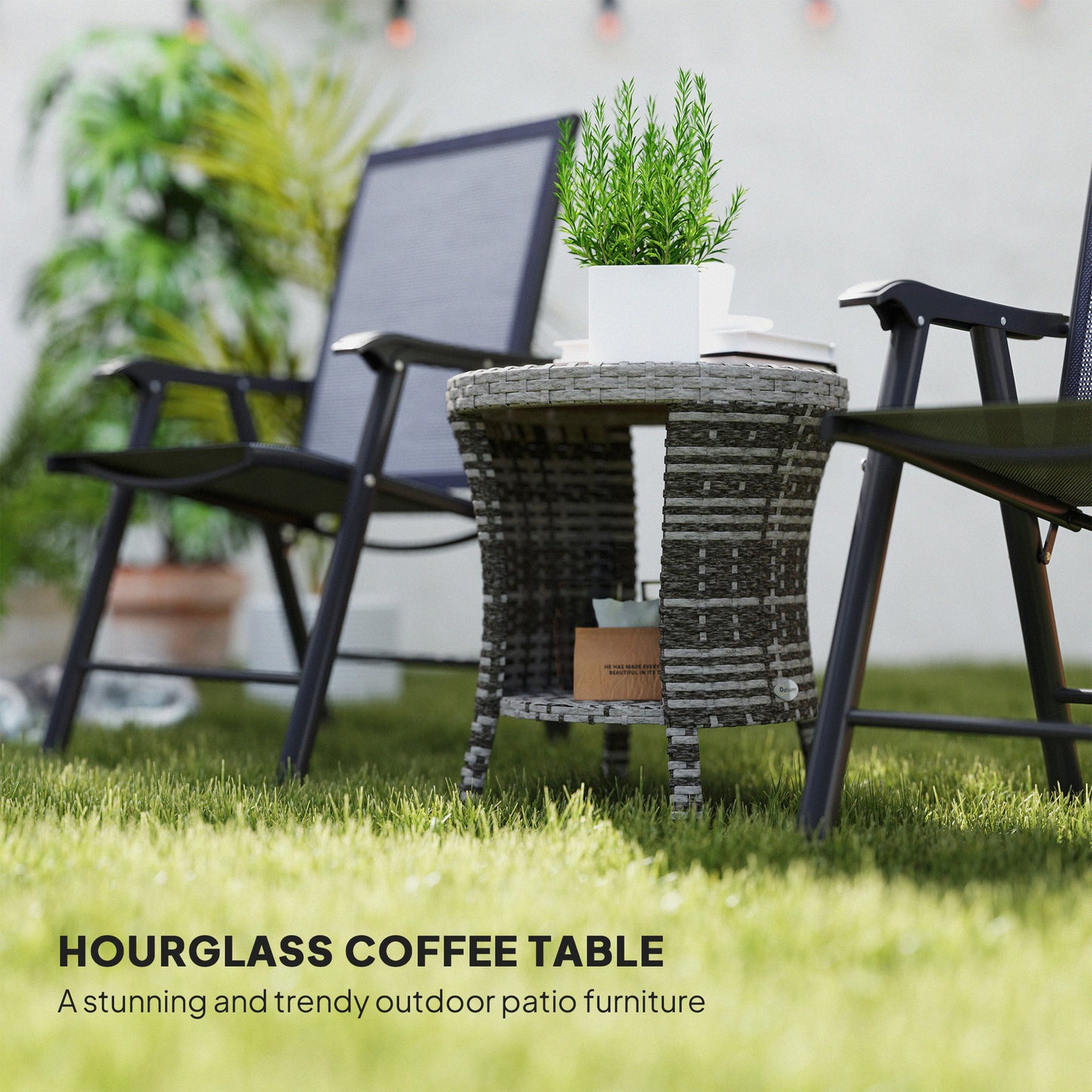 18" Outdoor Coffee Table - Wicker Patio Side Table with 2-Tier Storage, Mixed Gray