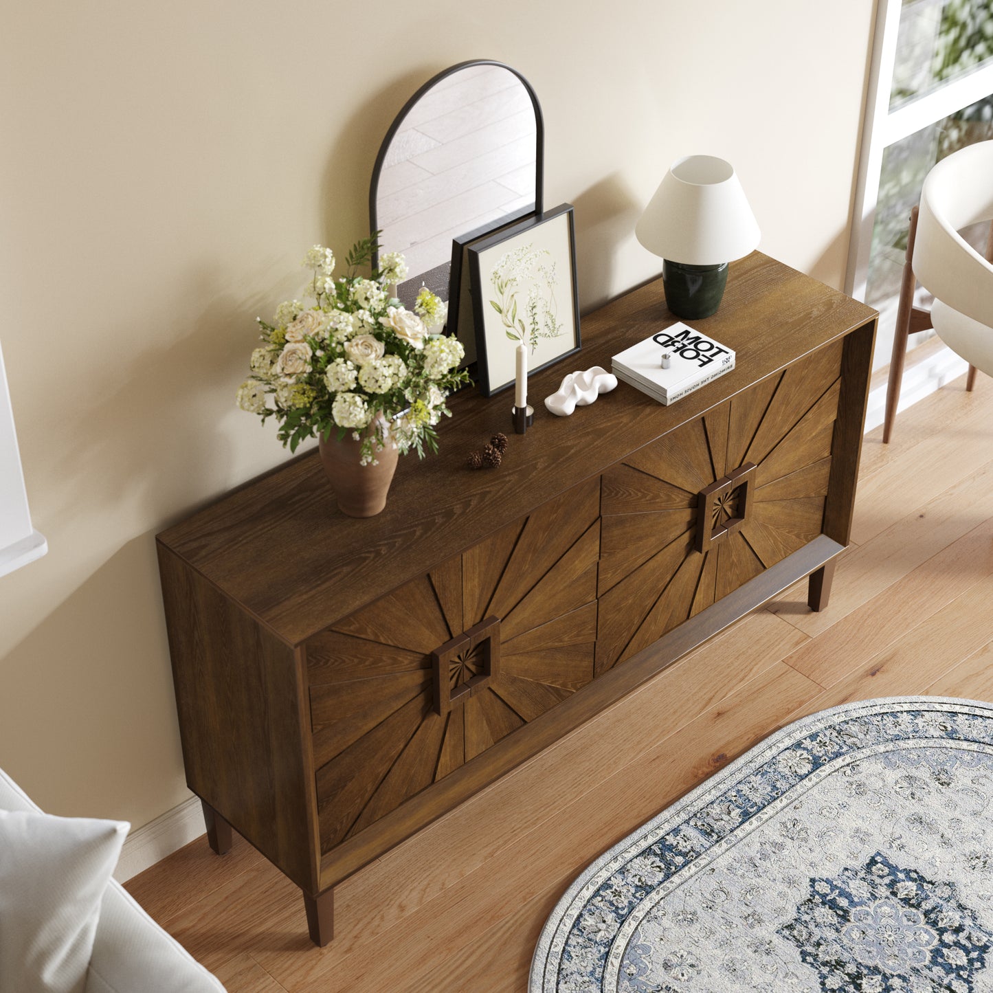 60" Premium Rustic Farmhouse Credenza with Adjustable Shelves - Antique Brown