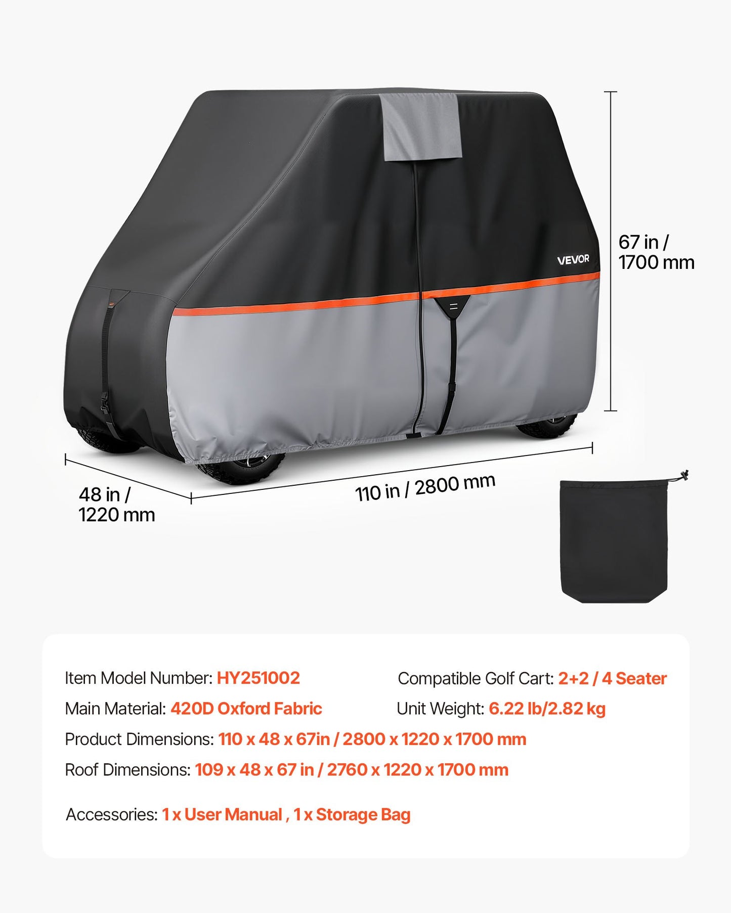 Waterproof Golf Cart Cover for 2+2/4 Passenger Carts - Universal Fit, 420D Oxford