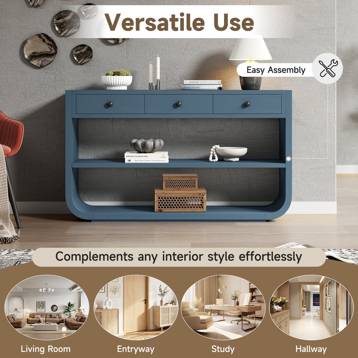 Modern Curved Console Table with 3 Soft-Close Drawers - Blue