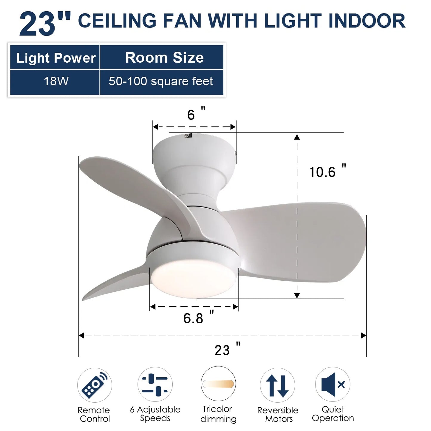 23-Inch Indoor Ceiling Fan with Dimmable 3-Color LED Light & Remote Control