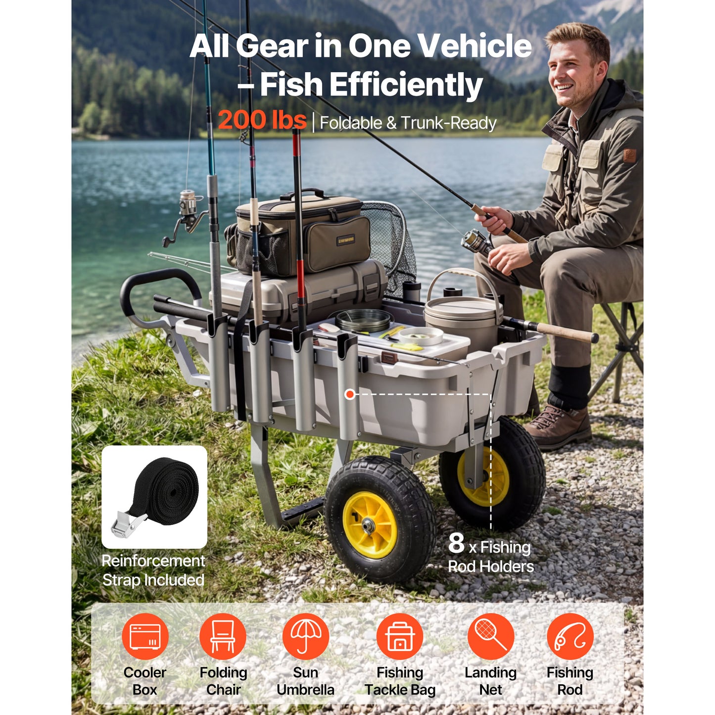 Heavy-Duty Fishing Cart with 200 Lb Capacity, All-Terrain Tires & 8 Rod Holders
