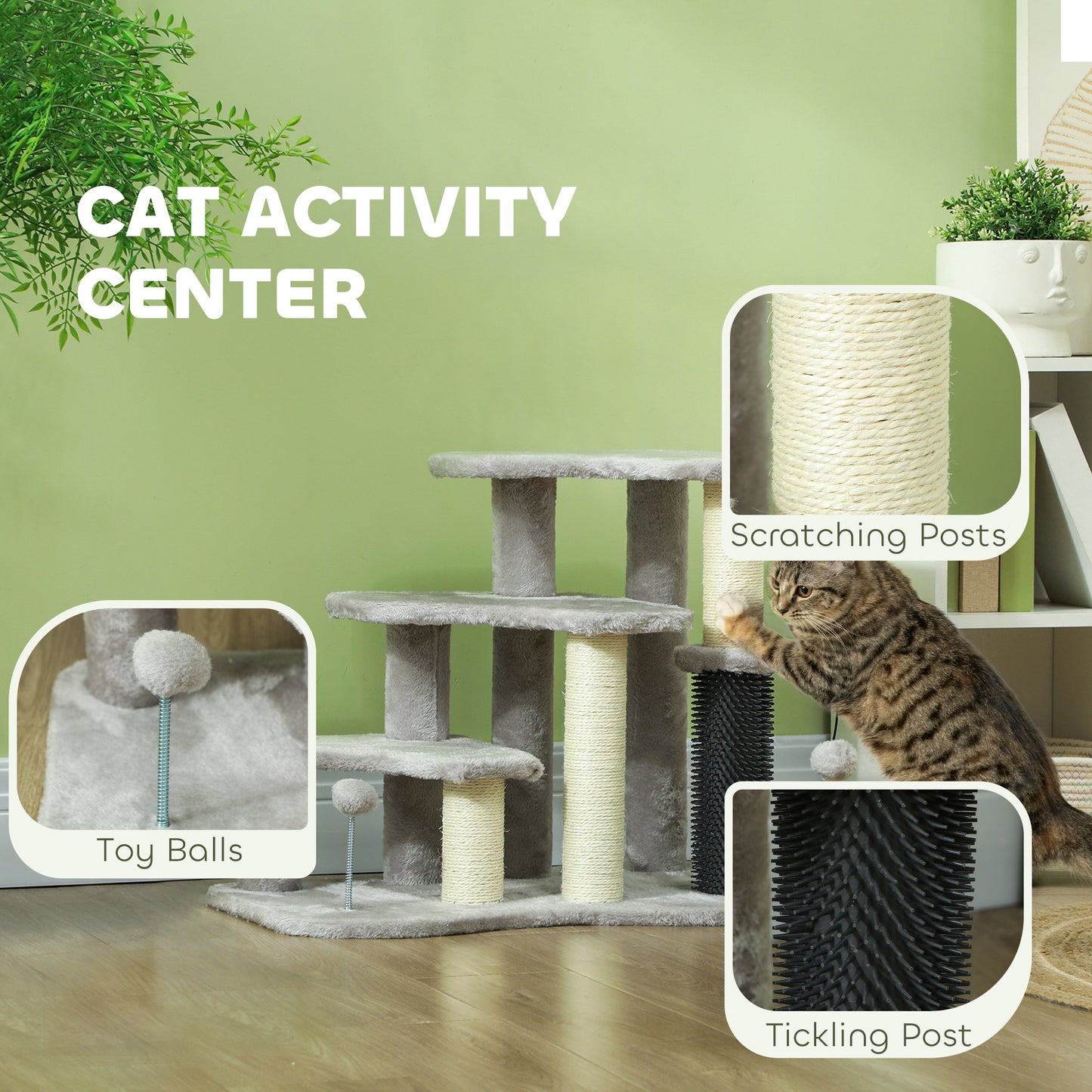 2-in-1 Cat Tree Tower with Scratching Posts and Toy Balls - Light Gray