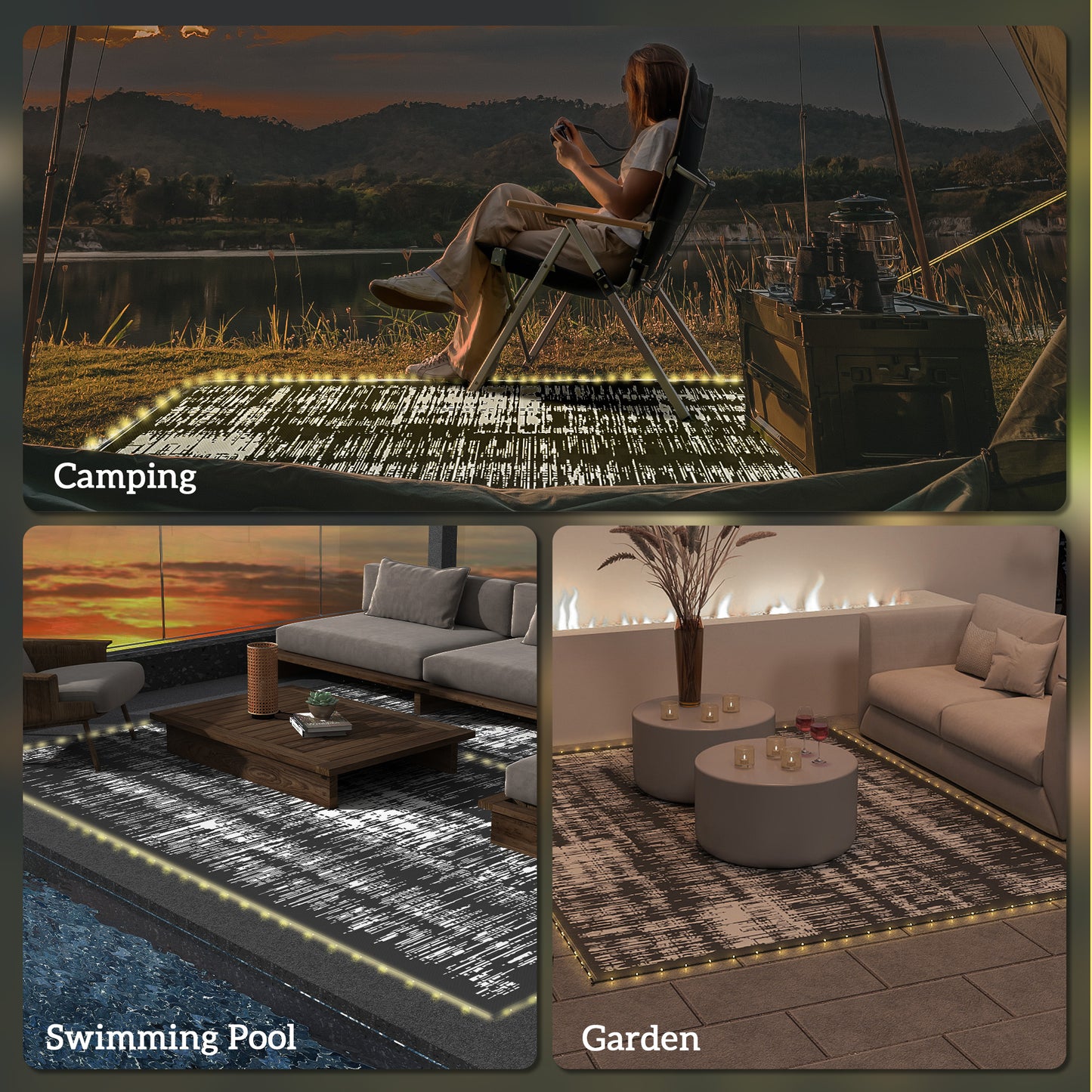 Reversible Outdoor Rug with LED Lights & Carry Bag - Dark Gray