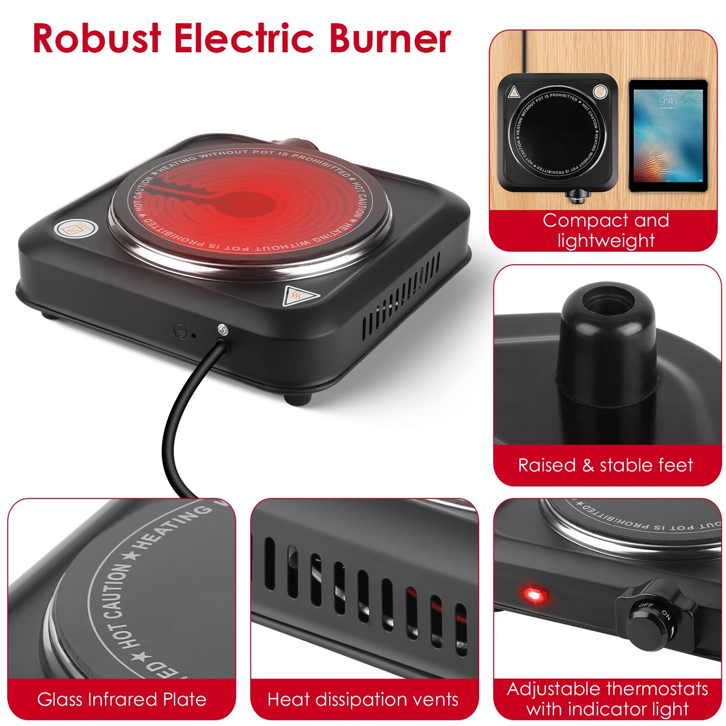 Portable Infrared Single Burner Hot Plate with 7.5in Glass Cooktop 1200W Stepless Temp Control