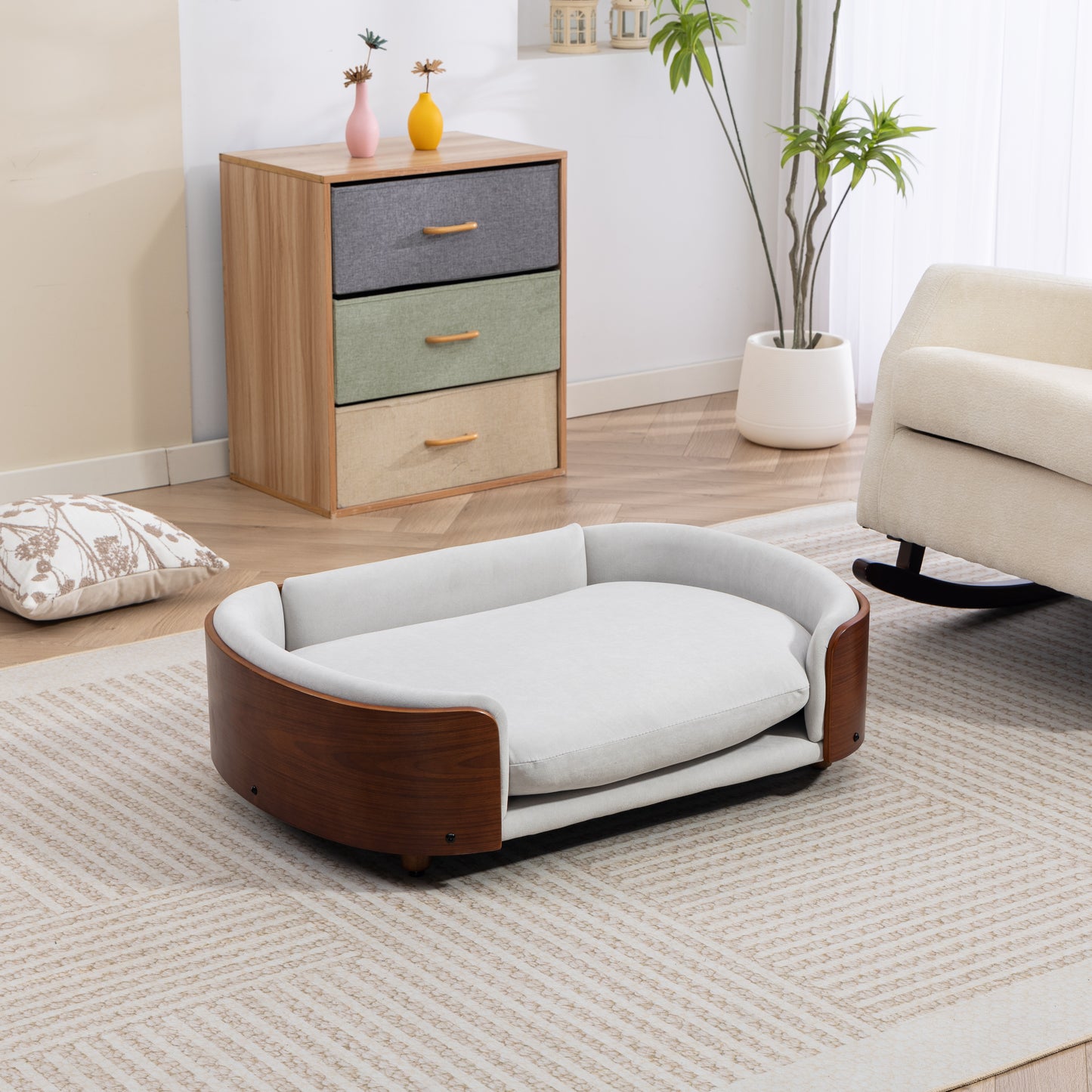 Large Elevated Dog Bed with Velvet Cushion and Solid Wood Legs - Scandinavian Style Pet Sofa