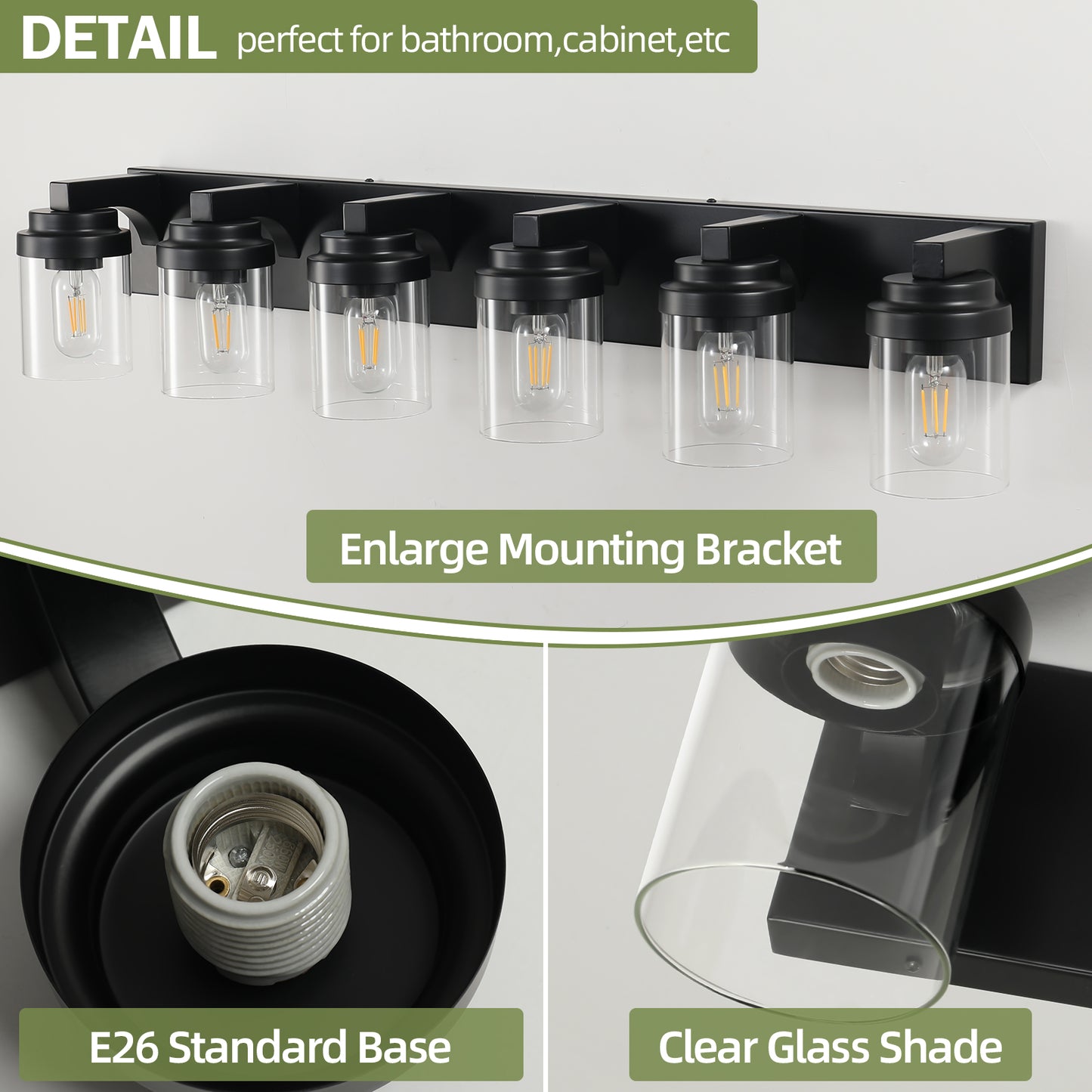 Modern Black Bathroom Vanity Light Fixture with Clear Glass Shade