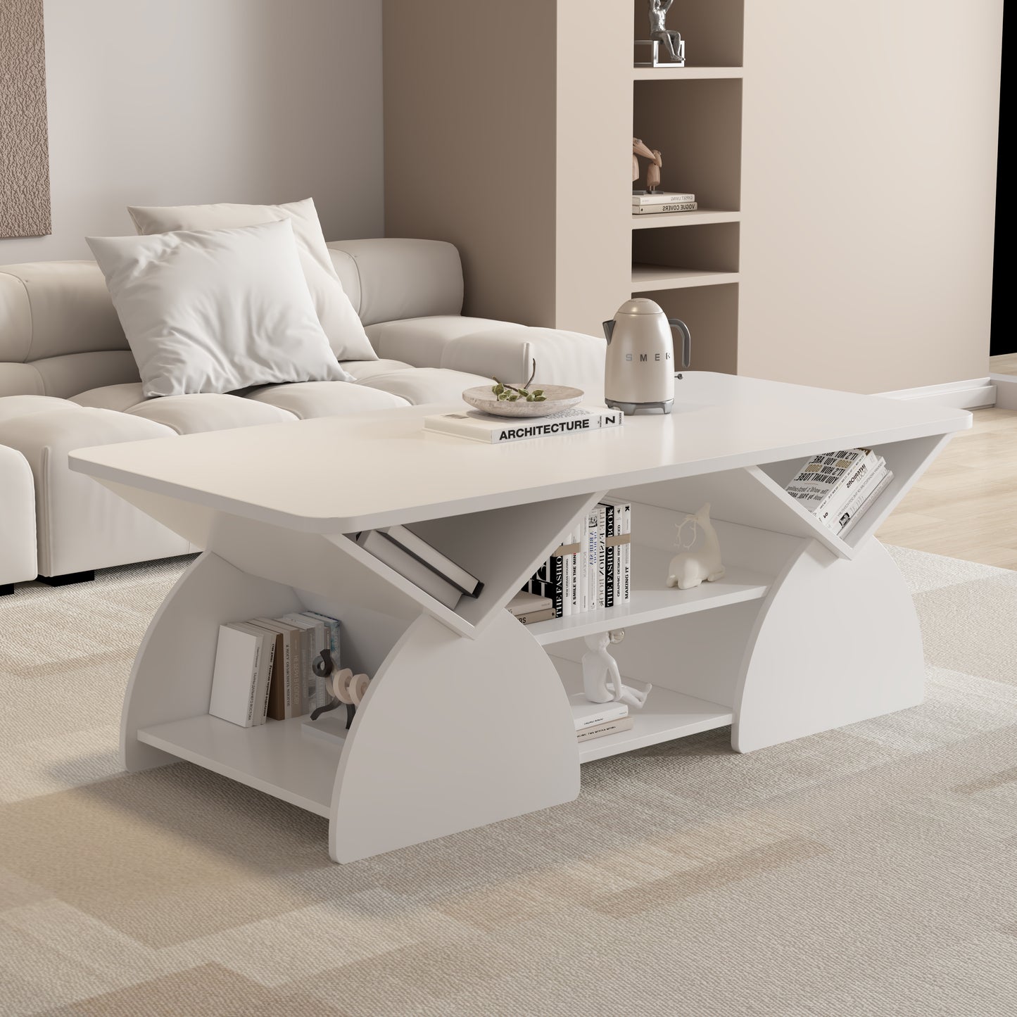 Engineered Wood Rounded Corner Rectangular Coffee Table For Living