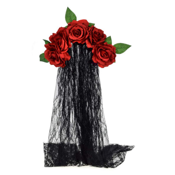 Artificial Rose Flower Headband with Lace Veil