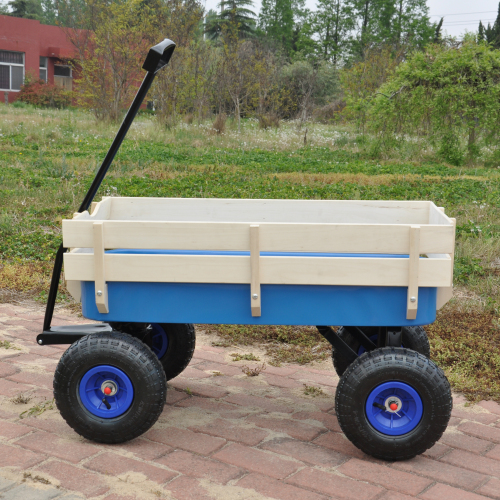 All Terrain Garden Wagon with Wood Railing and Air Tires for Outdoor Use