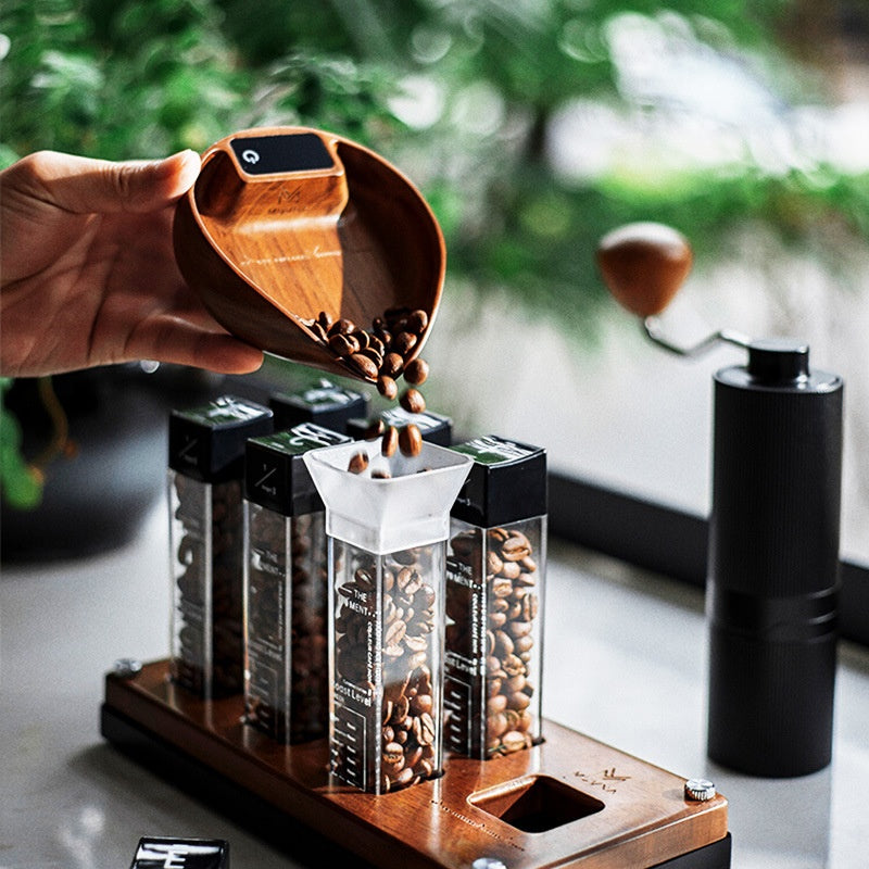 Electronic Coffee Scale with Walnut Finish for Pour-Over Coffee Brewing
