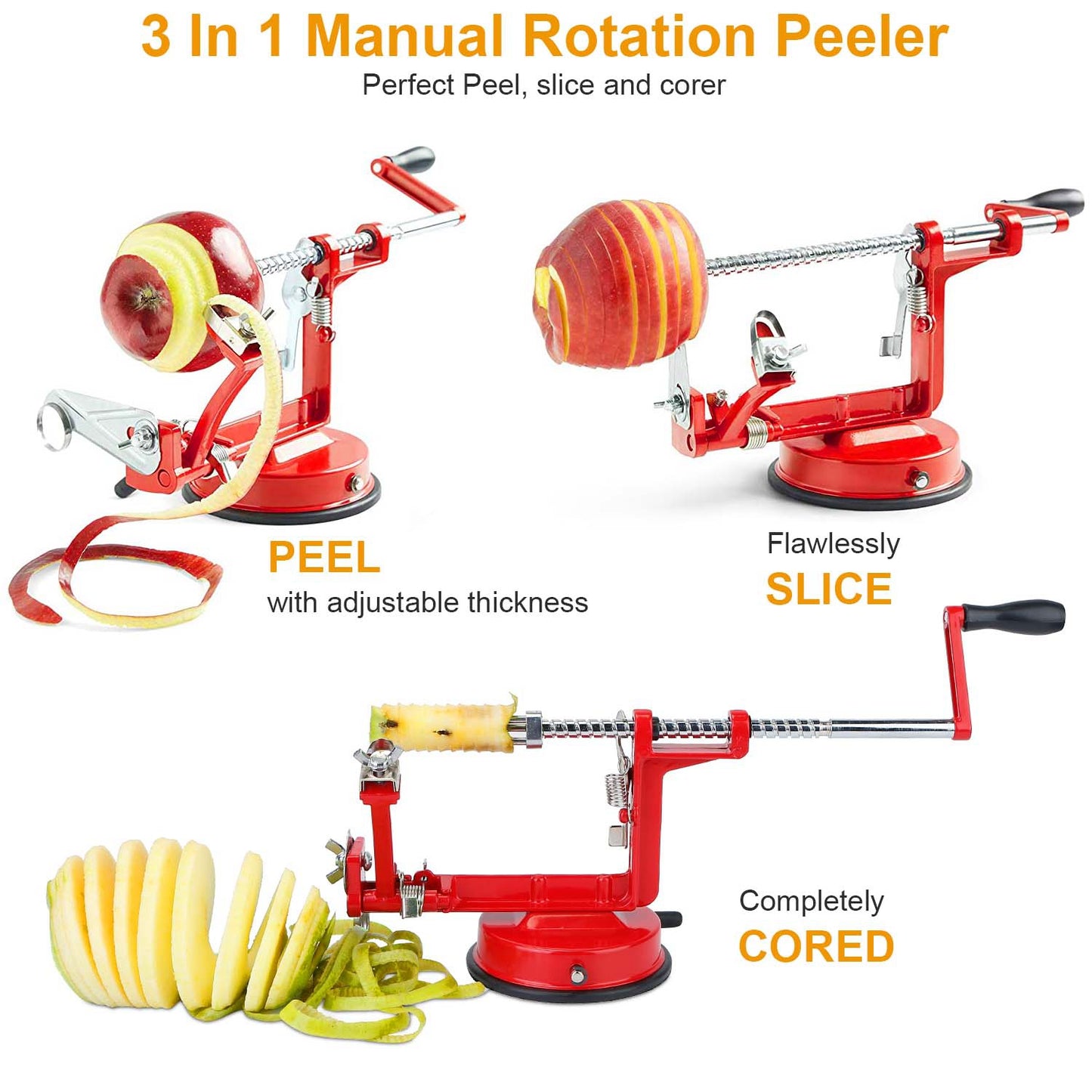 3-in-1 Apple Peeler, Slicer & Corer with Suction Base - Red