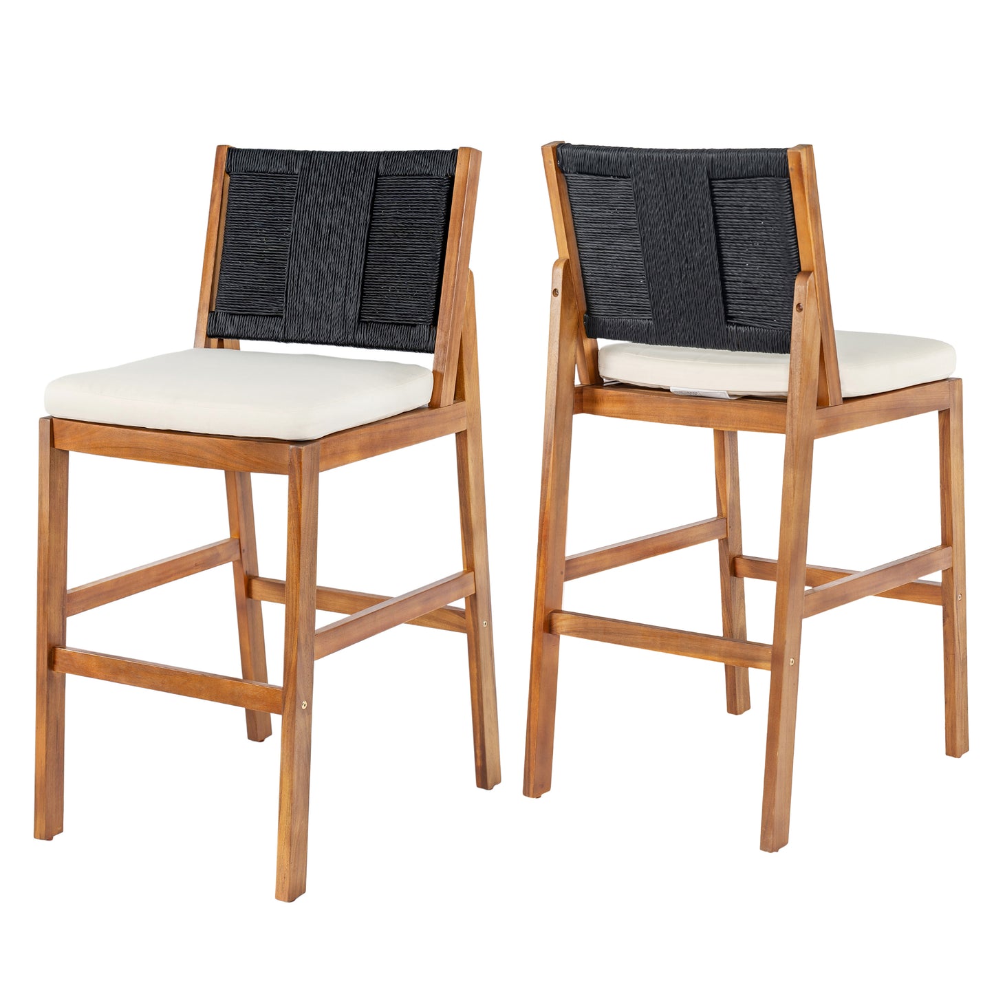 Outdoor Acacia Wood Bar Stools Set of 2 with Cream Cushion & Wicker Back
