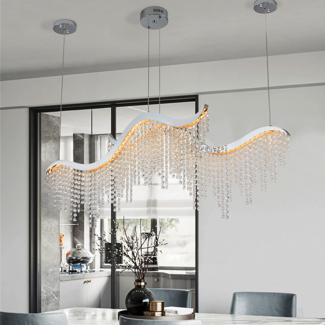 36-Inch Modern Wave LED Crystal Chandelier - Dimmable & Adjustable Height