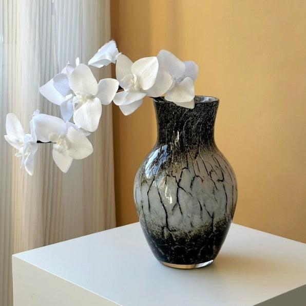 Chinese-Style Black and White Ink Wash Glazed Glass Vase - Handblown Decor