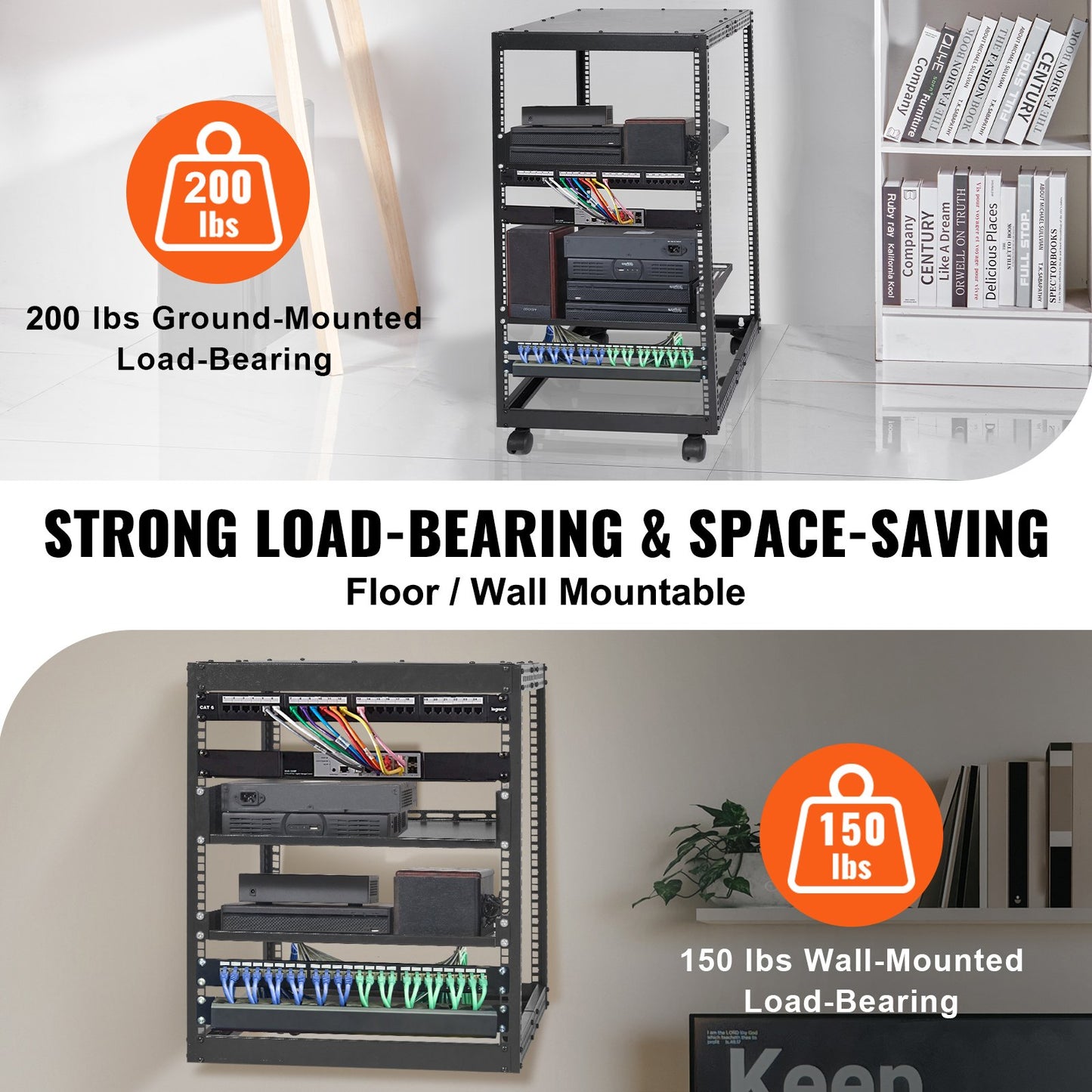 20U Open Frame Server Rack with Adjustable Depth, Wall & Floor Mount, Black