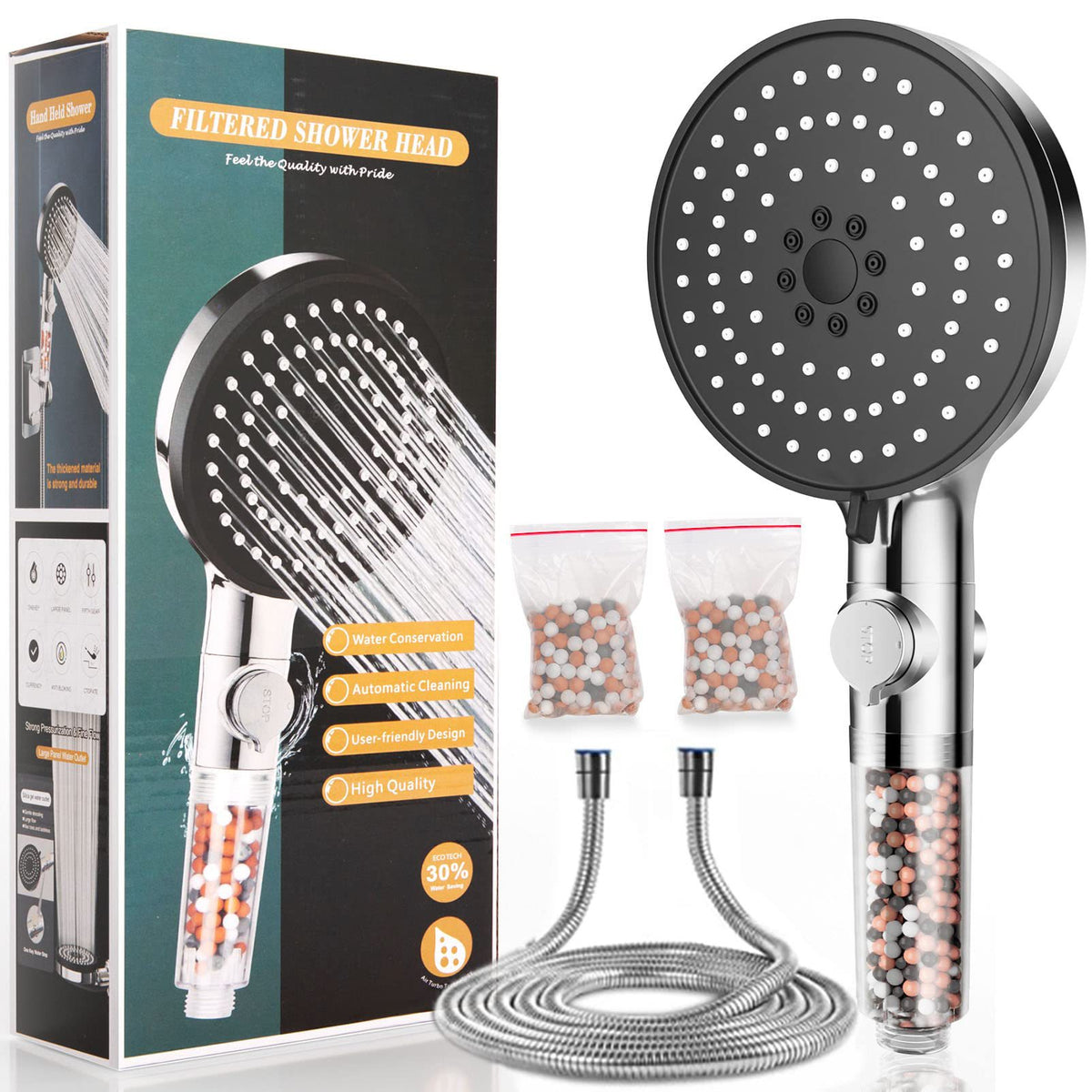 Handheld Shower Head with 1.5m Hose and On/Off Button - Black