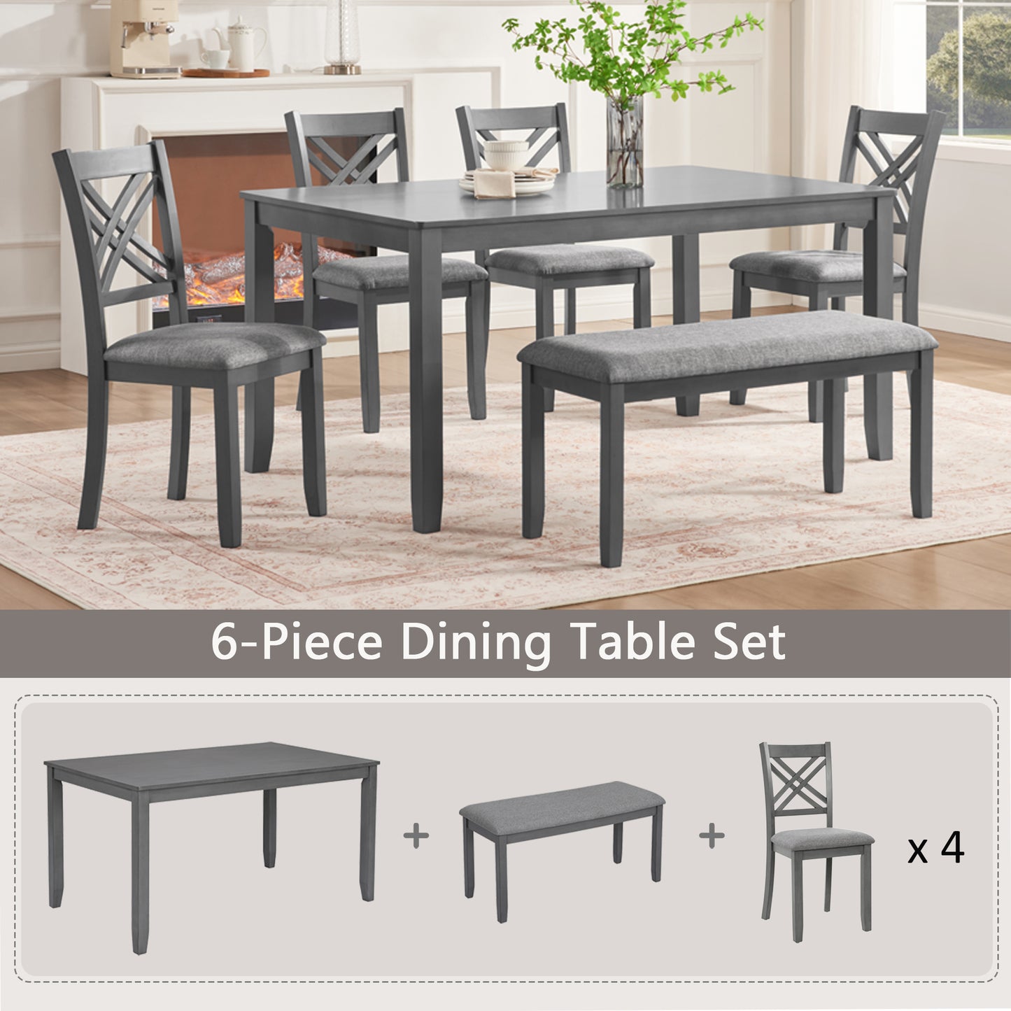 Rectangular Dining Table Set for 6 - Wooden Table with Upholstered Chairs & Bench - Grey