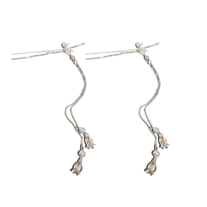 Silver Insect-Shaped Hairpin with Pearls - Small Hair Accessory