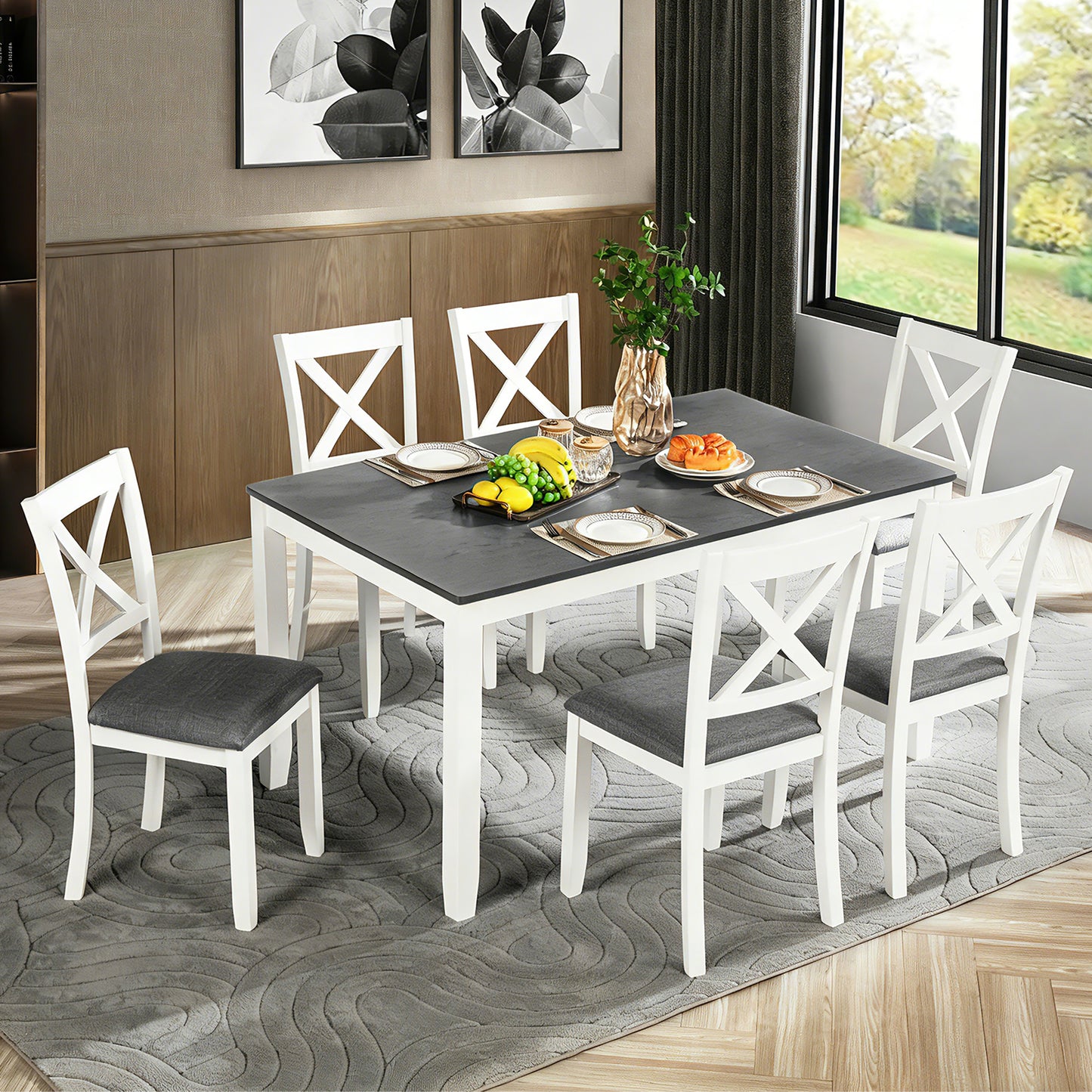 Solid Wood Dining Table Set with 6 Padded Chairs - Grey & White