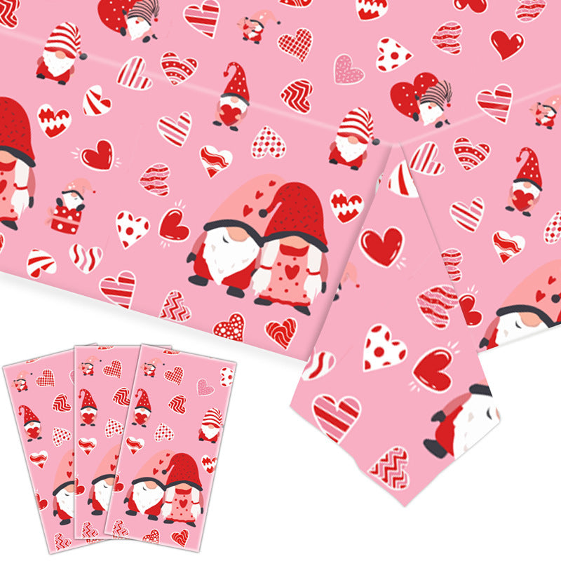 Valentine's Day Disposable Tablecloth - Heart & Love Gnome Design, 137x274cm, Party Table Cover