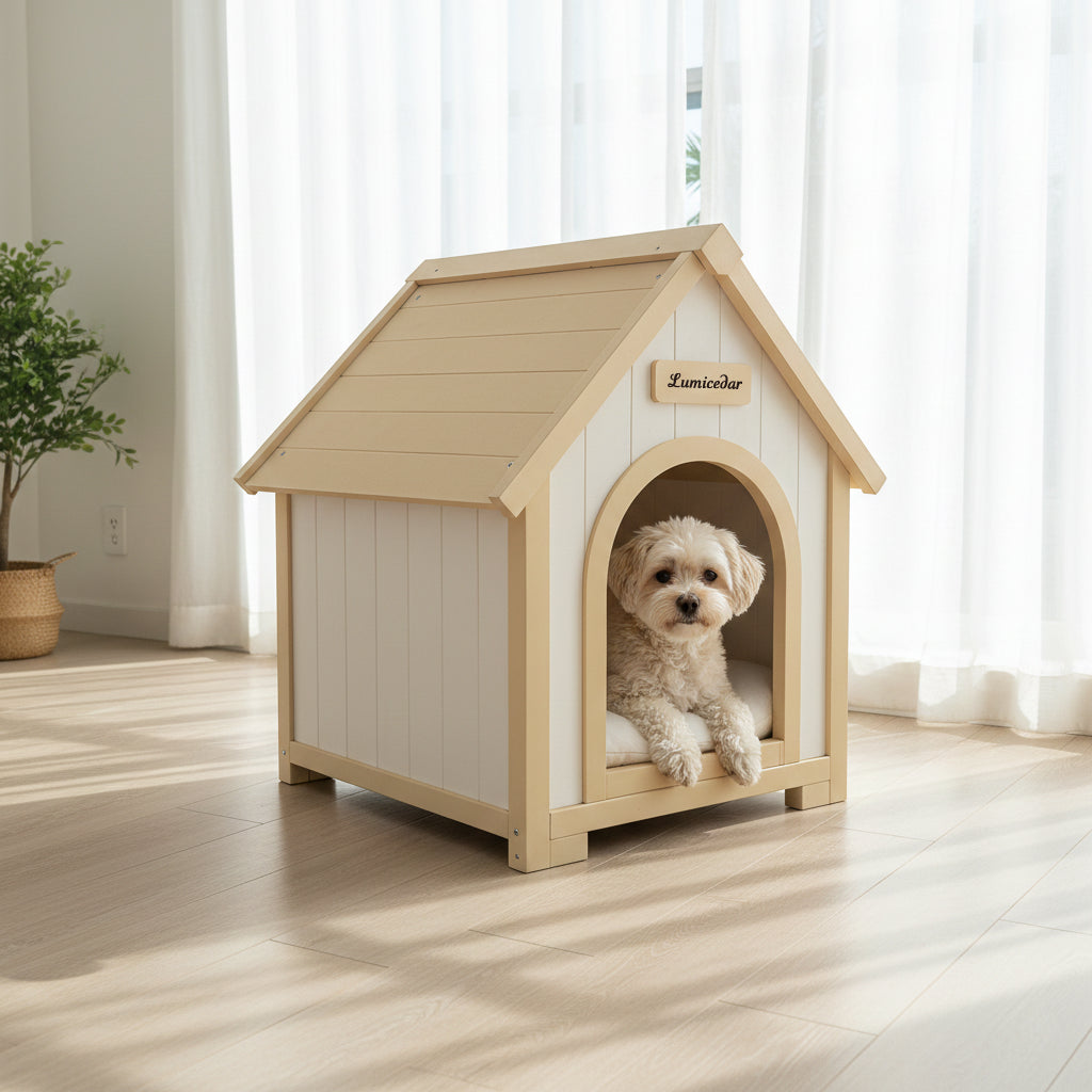 Indoor Wooden Dog House with EVA Cushion - Small Pet Shelter in Creamy White