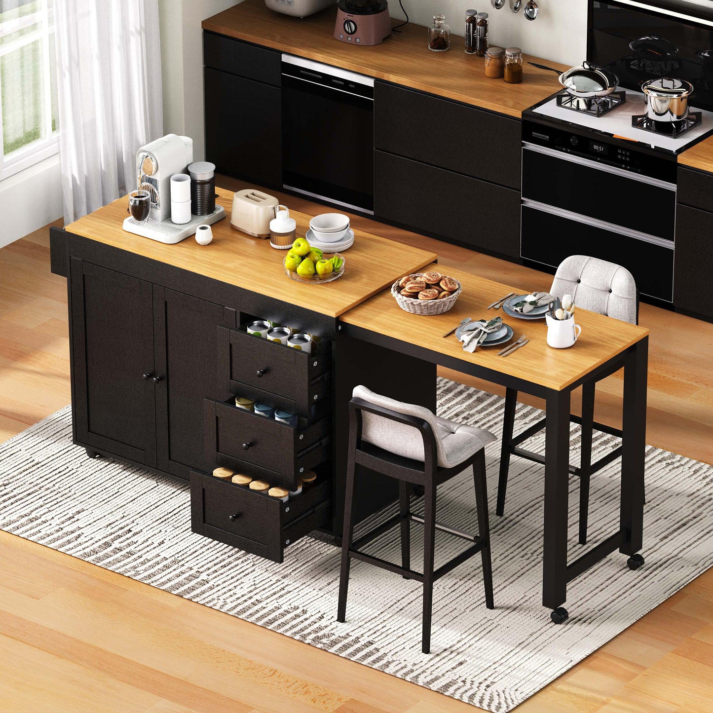 K&K 74.8 Kitchen Island With Extendable Dining Table, Storage Cart 3