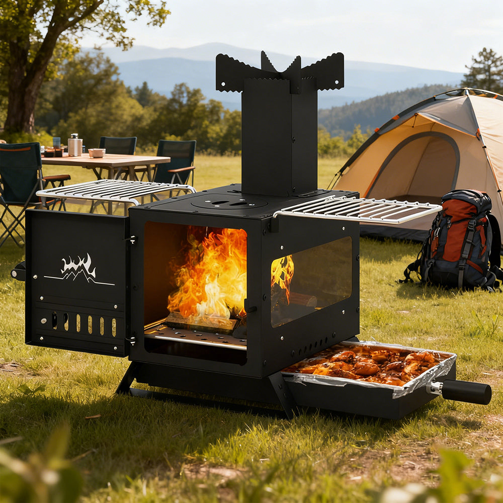 Portable Wood Burning Stove with Oven Pan & Rack - Black